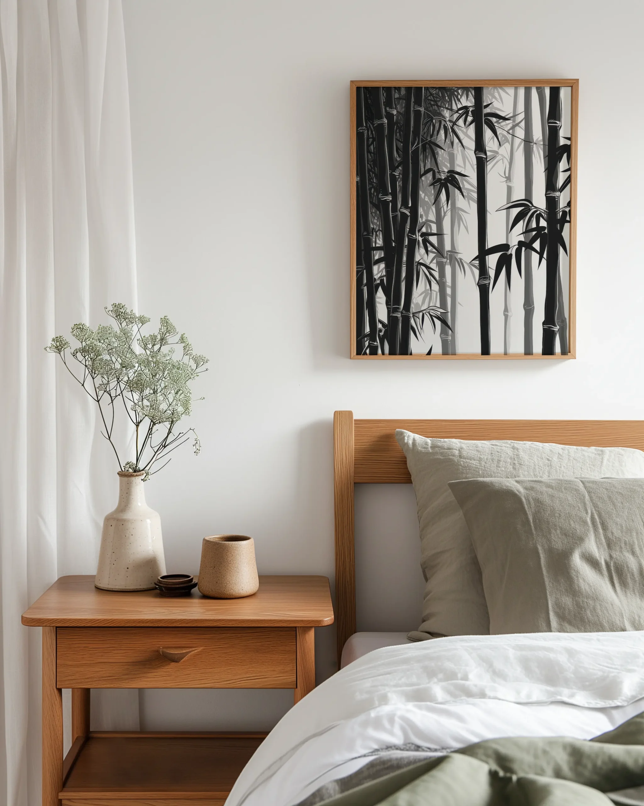 Black and white bamboo grove wall art framed above a minimalist wooden bed in a serene bedroom