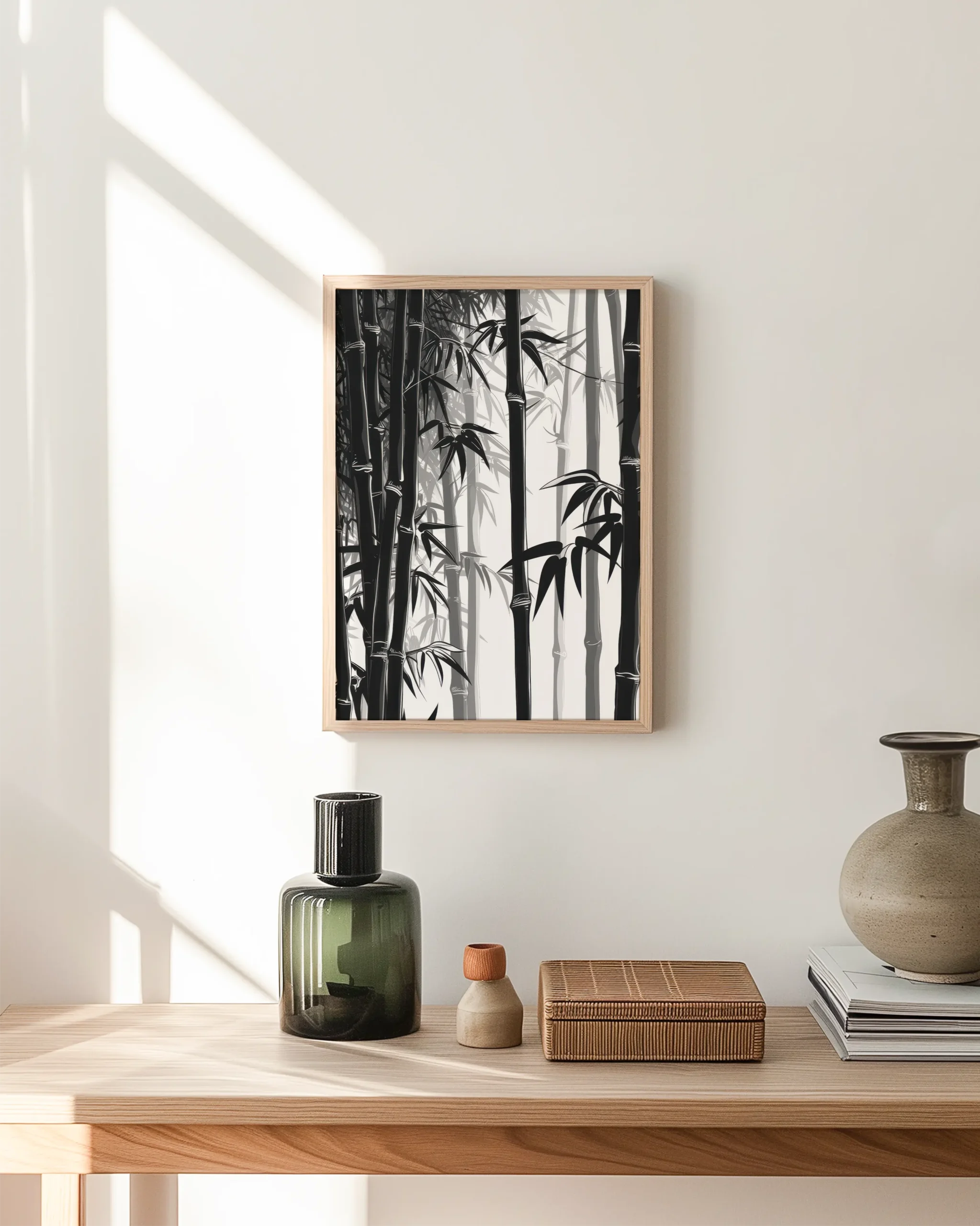 Monochrome bamboo forest framed poster displayed in a bright Japandi hallway interior