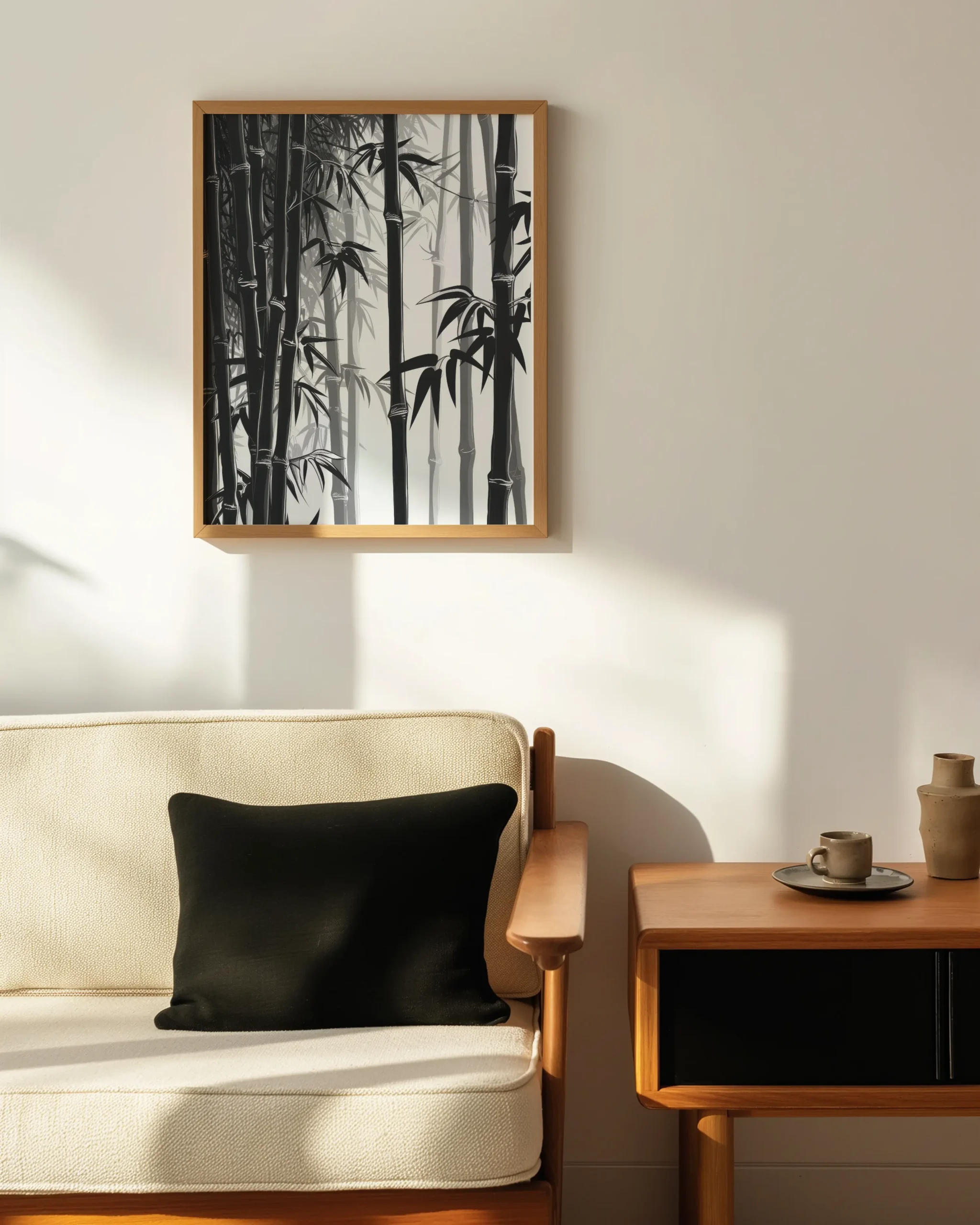 Monochrome bamboo forest wall art framed in natural wood displayed in a Japandi-style living room