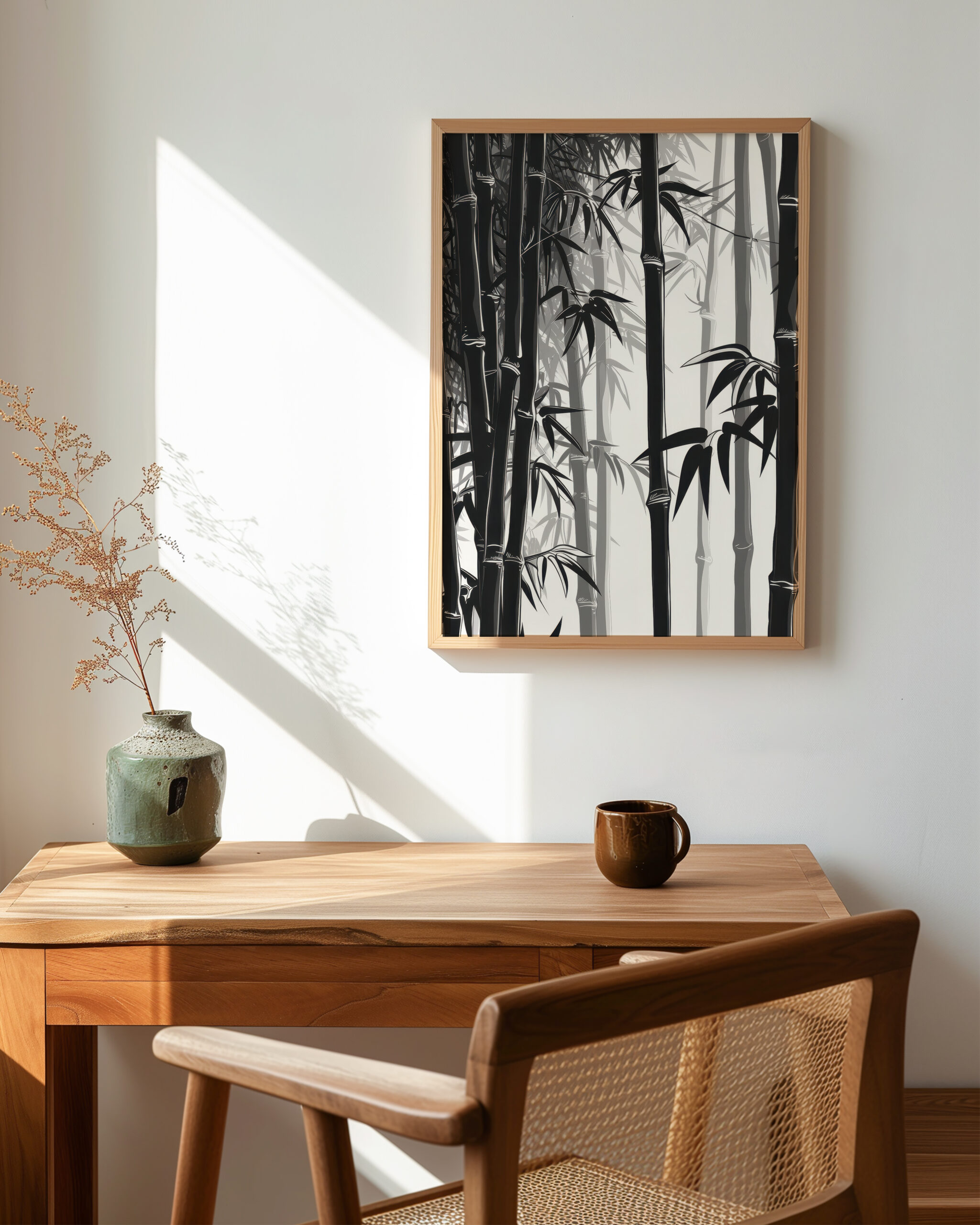 Minimalist bamboo grove wall art displayed above a wooden desk in a Japandi-style workspace