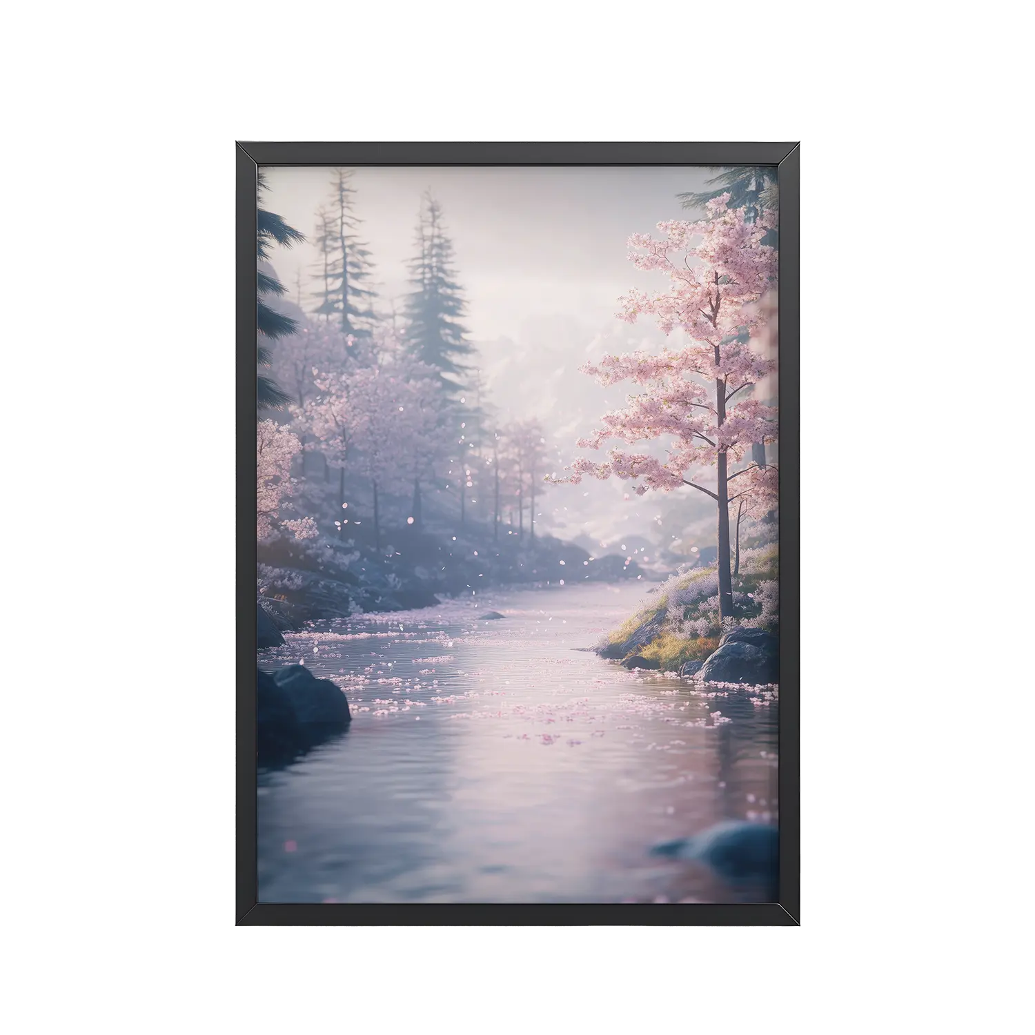 Nordic River Flow — Cherry Blossom Landscape Wall Decor — Framed Poster