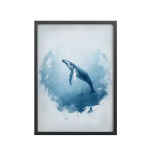Ocean Heart — Humpback Whale in Dreamy Blue Watercolor Wall Art — Framed Poster