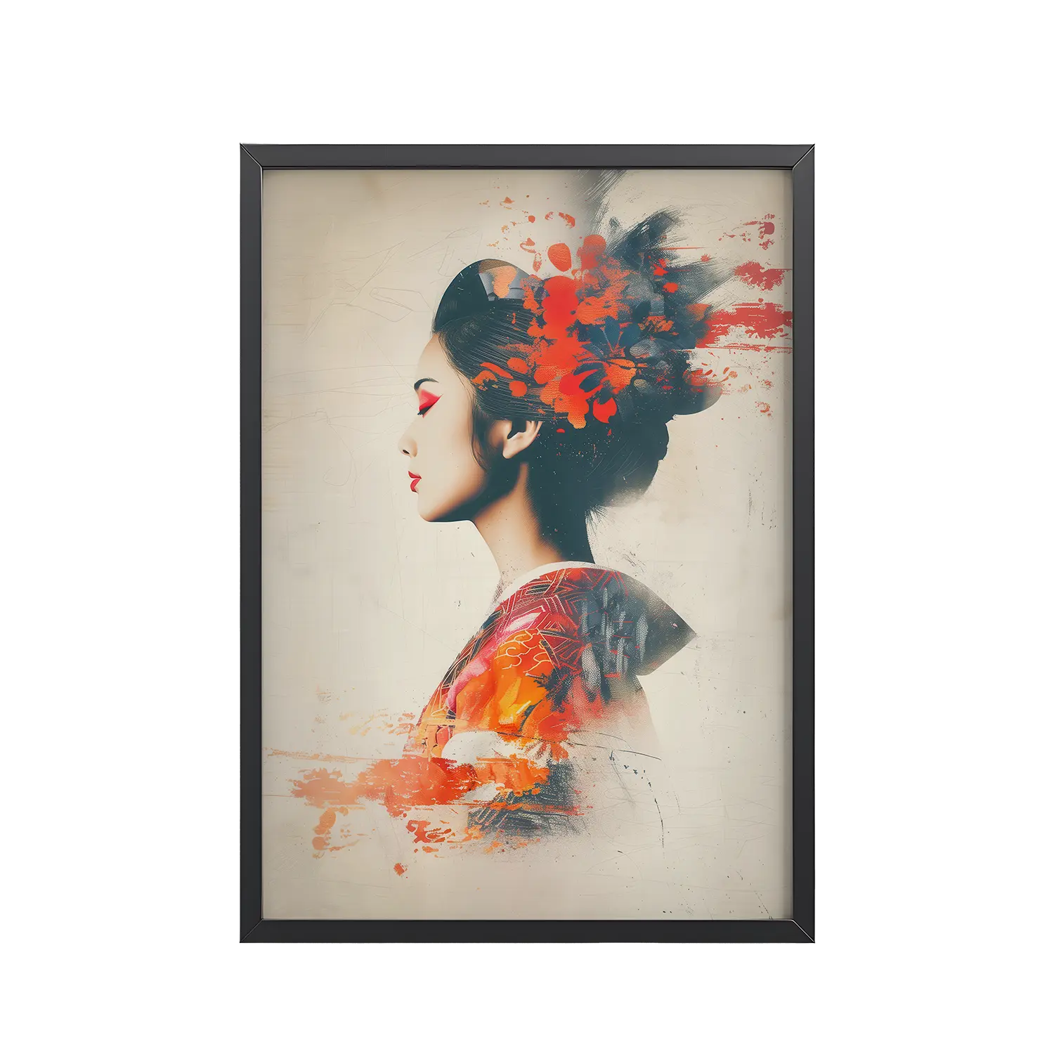 Painted Grace — Kimono Portrait, Abstract Brush Strokes Minimal Wall Art — Framed Poster