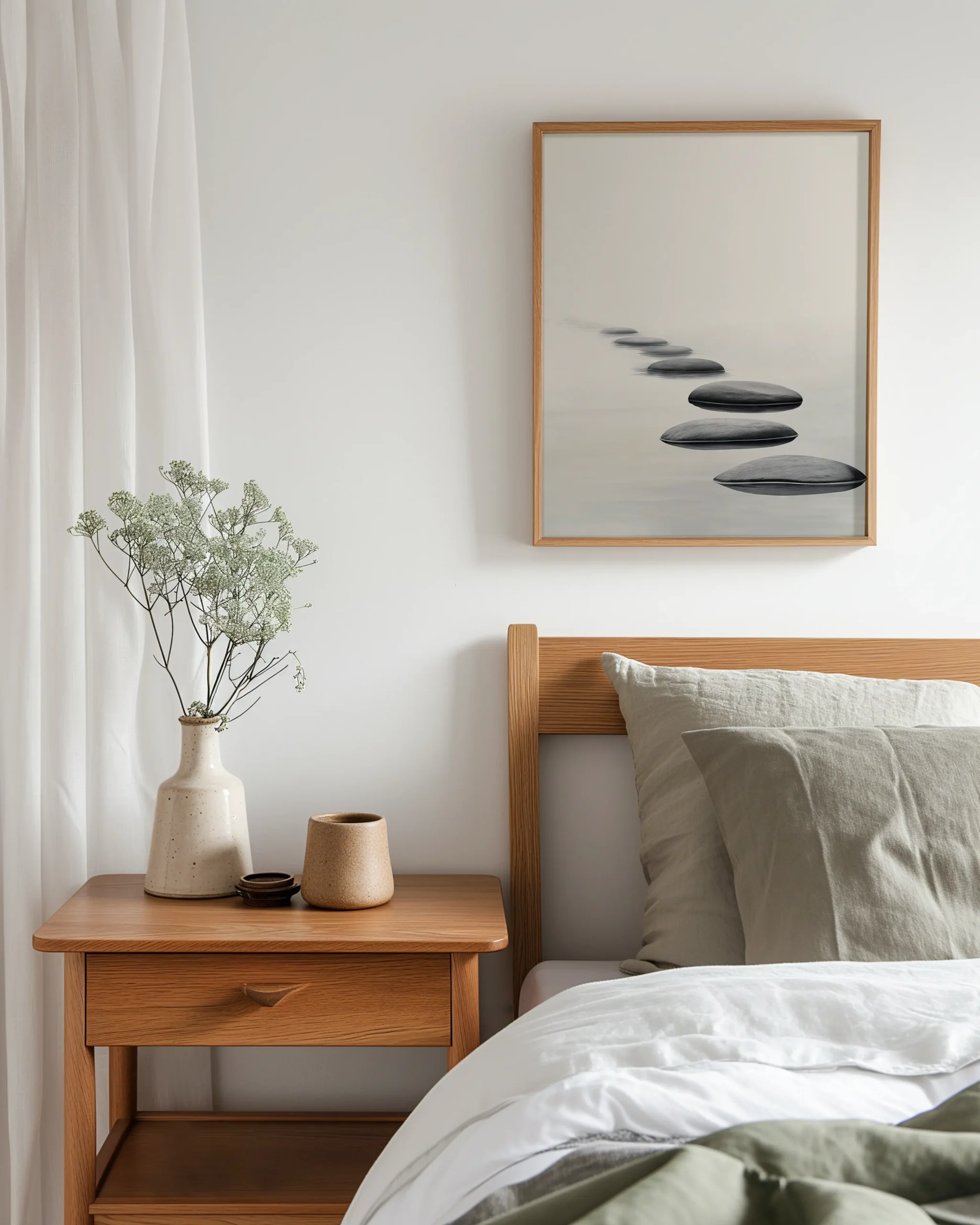 Minimal stepping stones wall art framed above a bed in a calm Japandi bedroom.