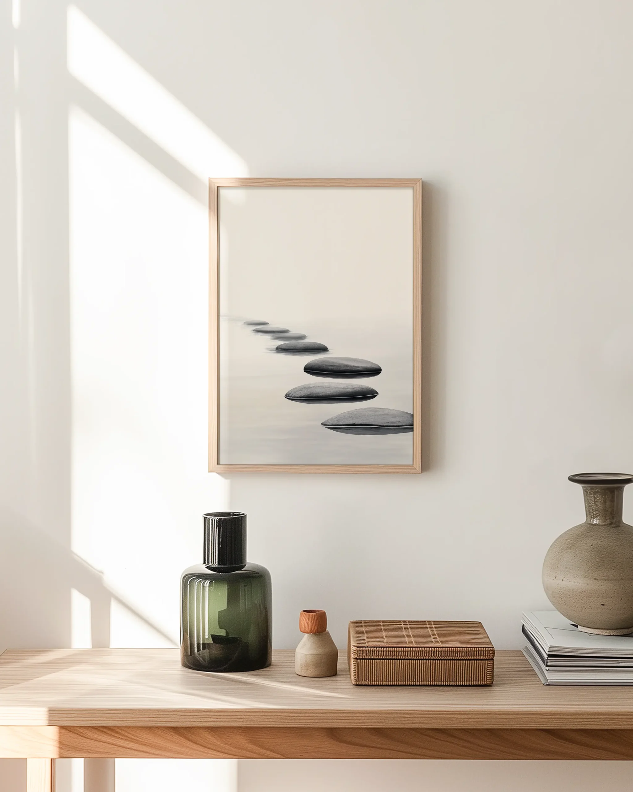 Minimal zen stepping stones framed poster mockup in a bright hallway with natural light.