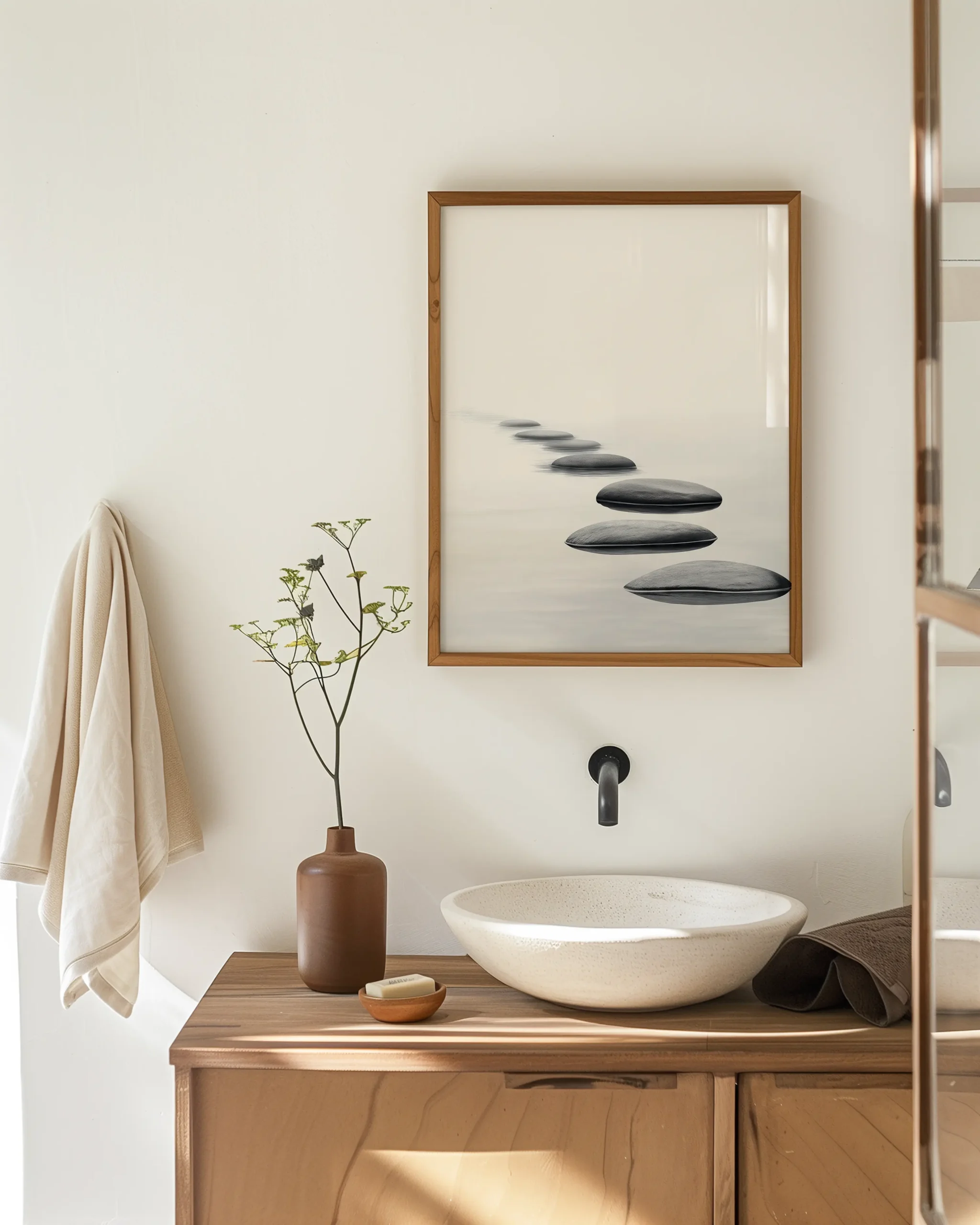 Zen stepping stones framed poster above a bathroom sink for a spa-like minimalist look.