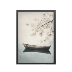 Peaceful Lake Dusk Boat — Sakura Branch, Serene Minimal Landscape Wall Art — Framed Poster
