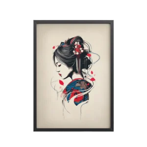 Petals of Silence — Ukiyo-e Inspired Geisha Illustration Wall Art — Framed Poster