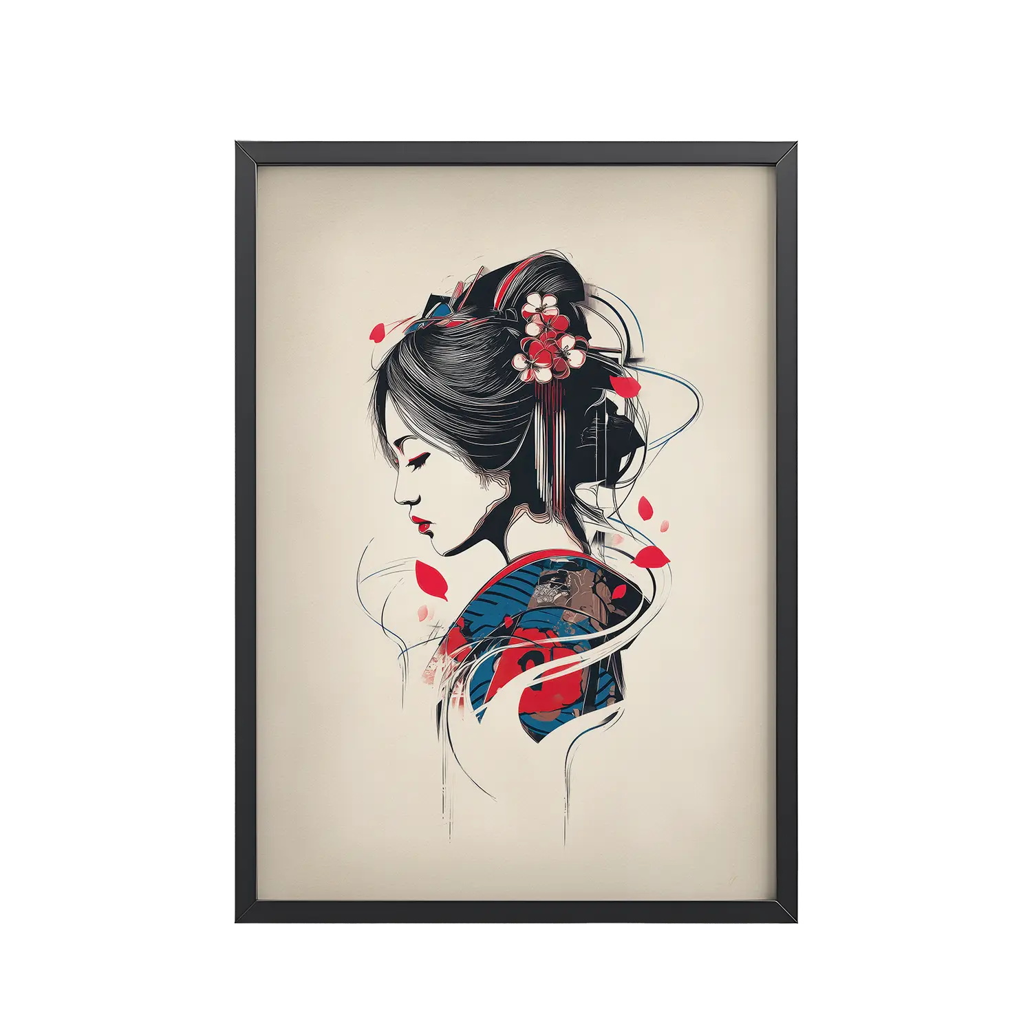Petals of Silence — Ukiyo-e Inspired Geisha Illustration Wall Art — Framed Poster