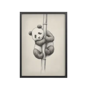 Playful Bamboo Hold — Panda Cub Illustration in Minimal Ink Style Wall Art — Framed Poster
