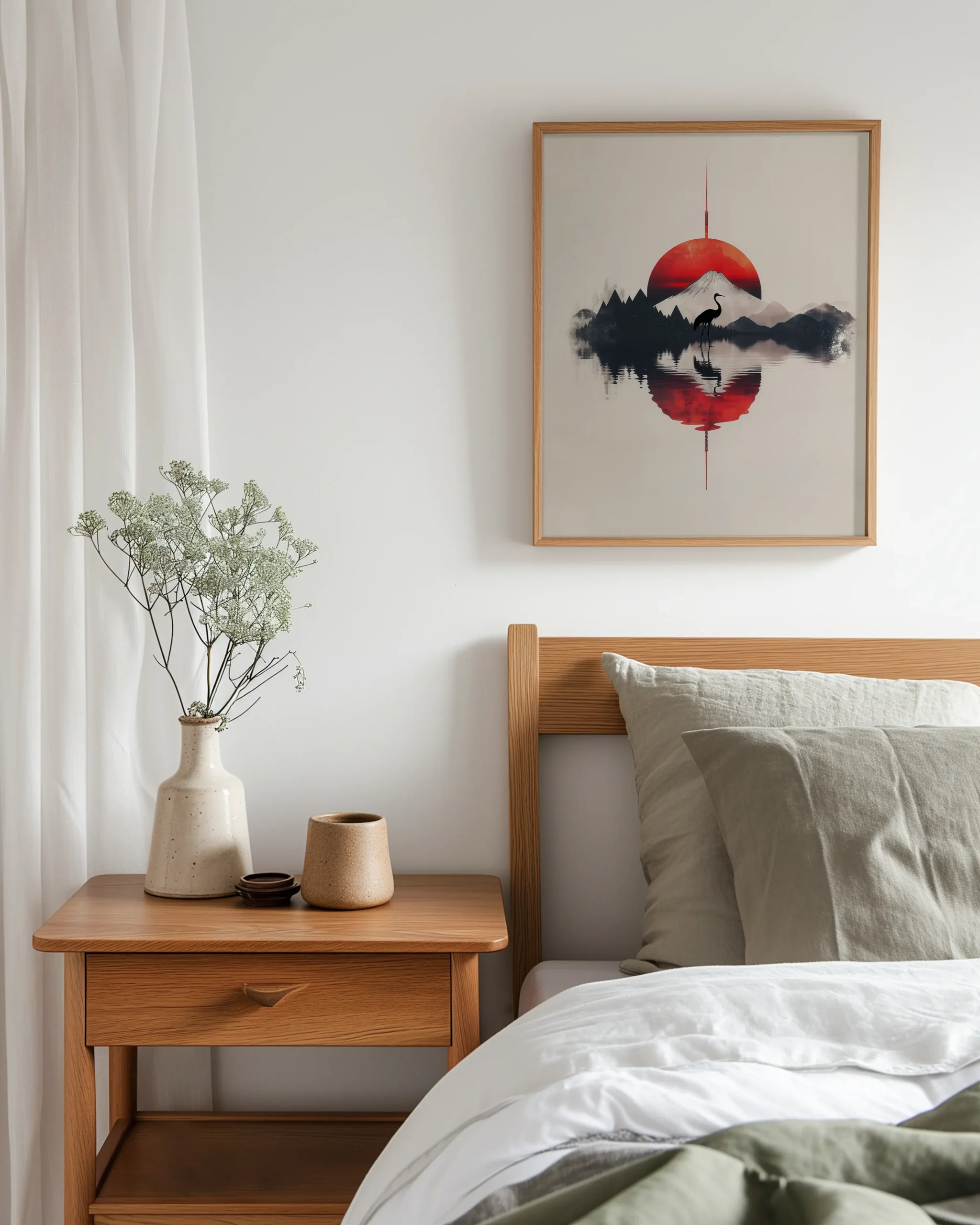 Framed Japandi sunset crane poster hanging above a minimalist bed with soft neutral styling.