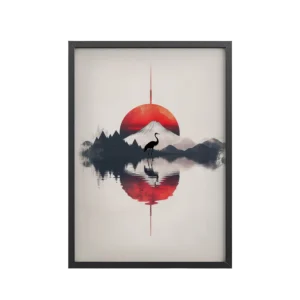 Red Crane Reflection — Japandi Sunset Scene Wall Decor — Framed Poster