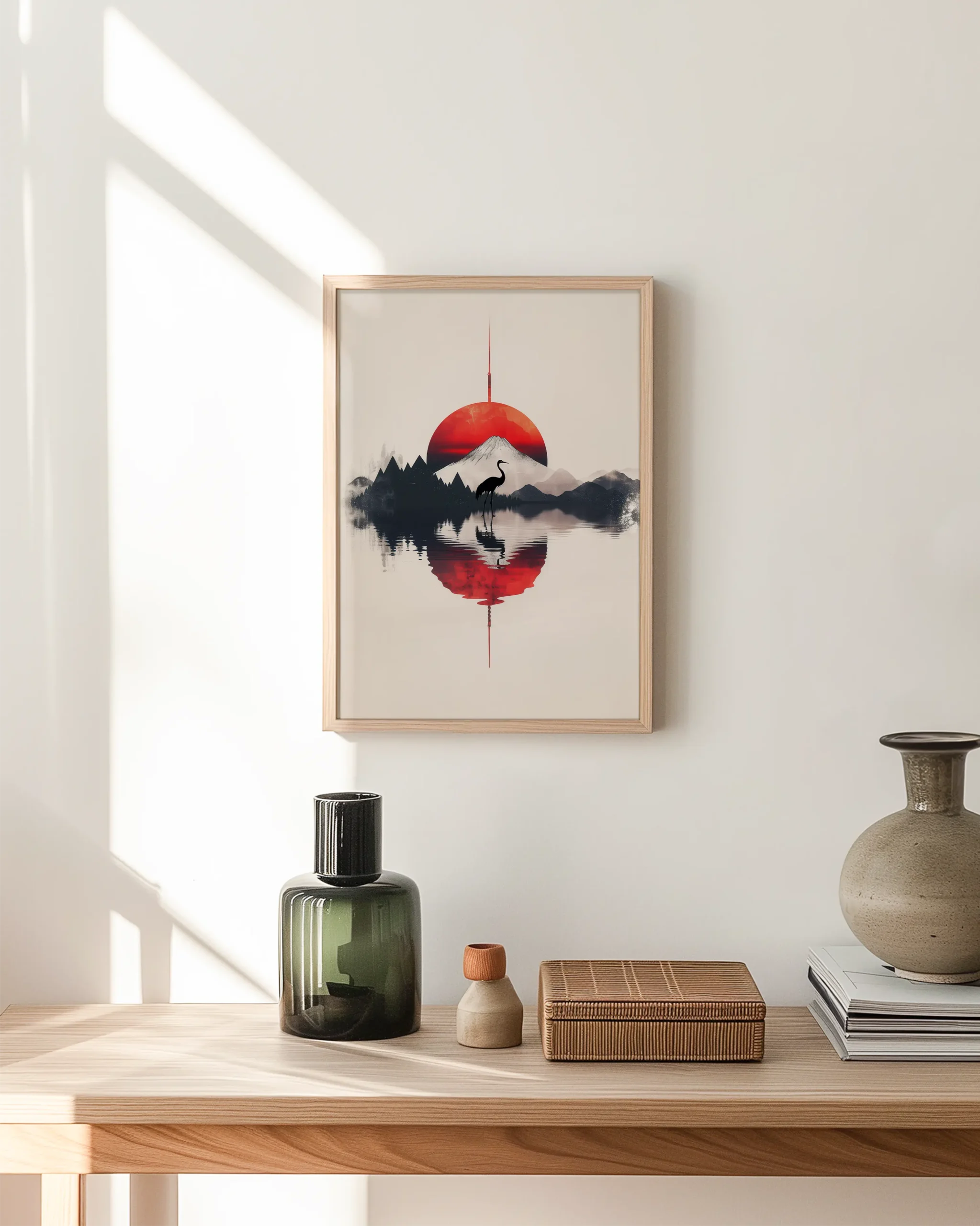 Full hallway mockup showing a Japandi framed poster with a red sun, mountains, and crane reflection as entryway wall decor.