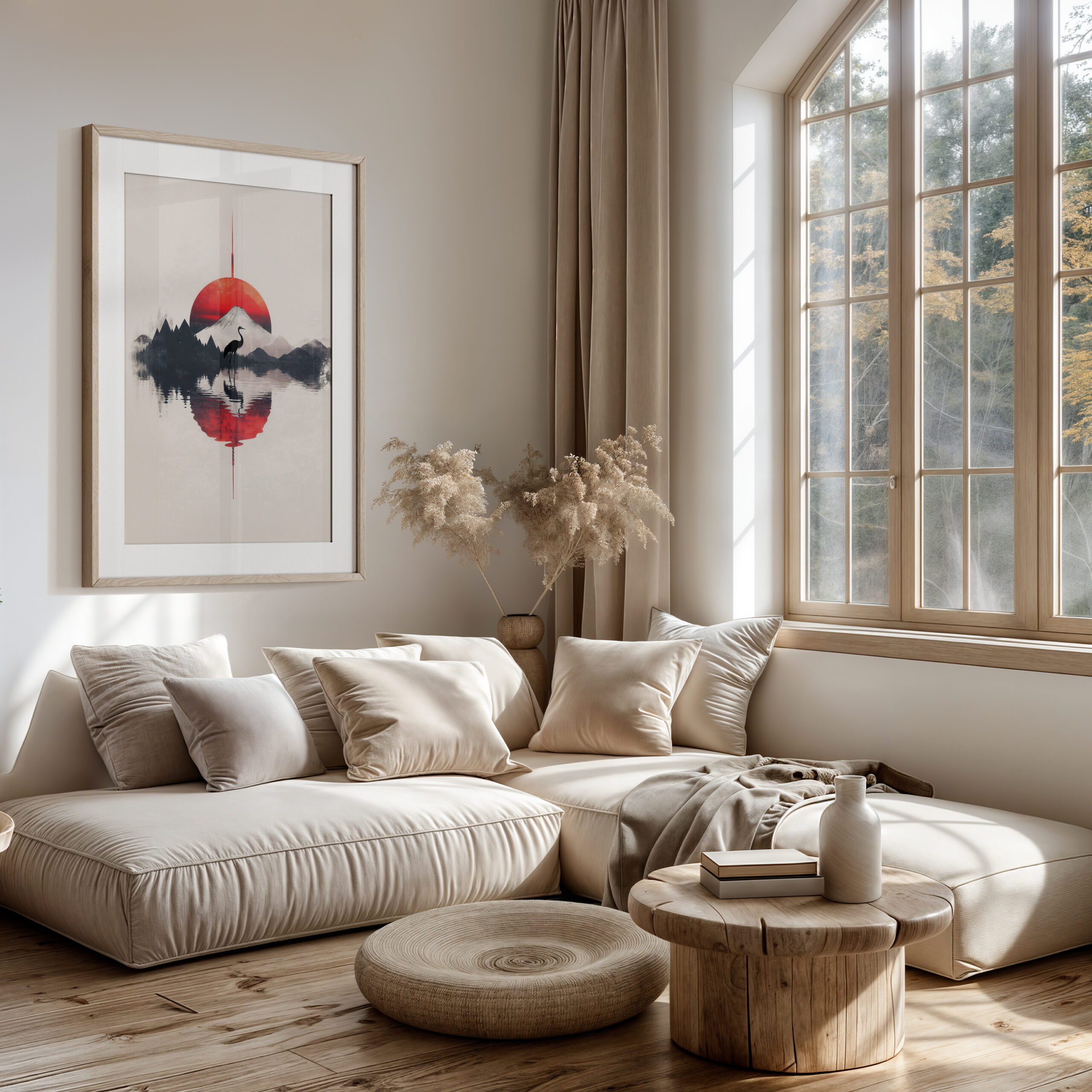 Japandi crane wall art framed poster with red sun reflection displayed in a calm neutral living room.