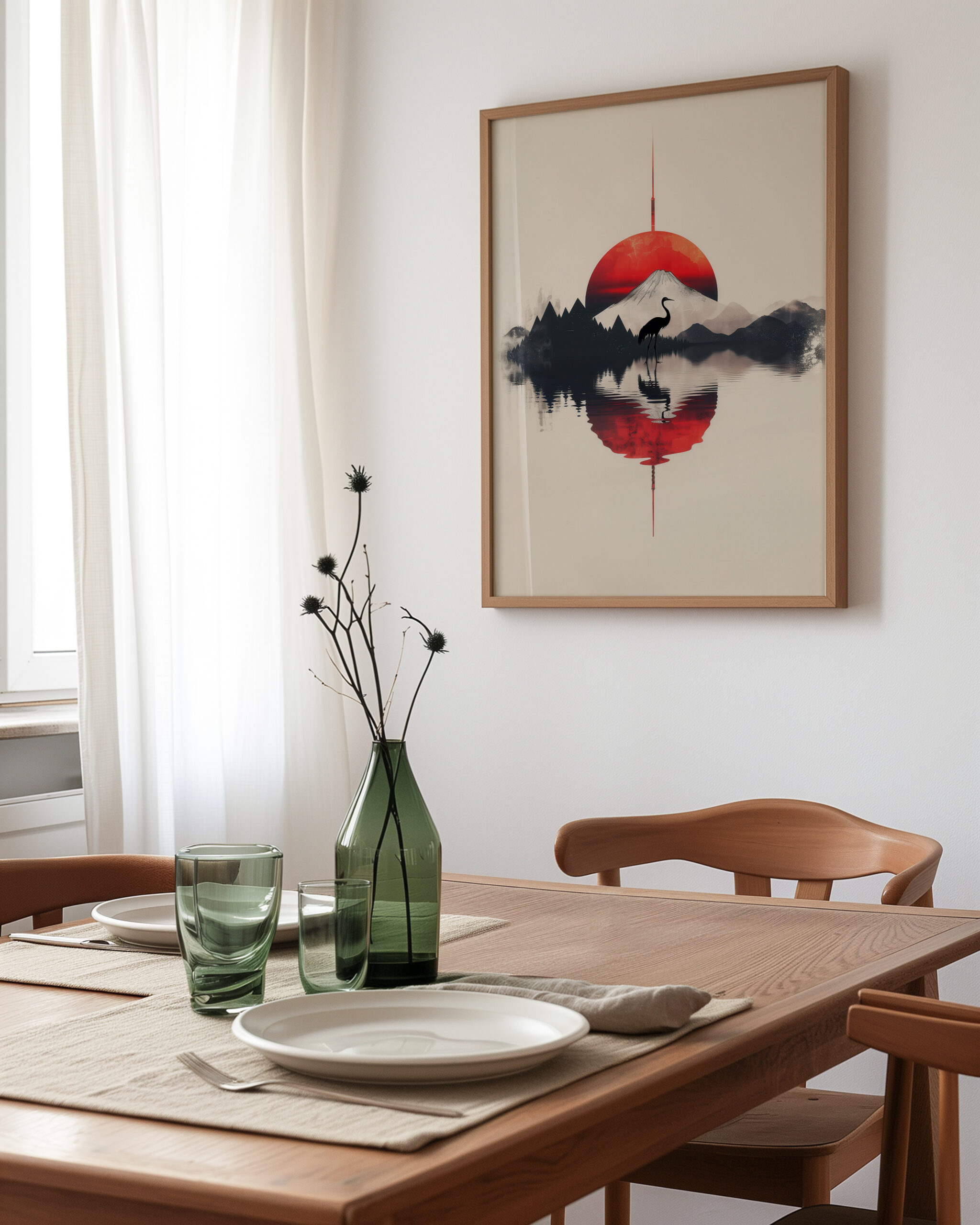 Angled dining room mockup featuring a Japandi framed poster with red sun and crane reflection above a wooden table.