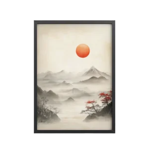Red Sun Over Silent Peaks — Misty Ink Mountain Landscape Wall Art — Framed Poster