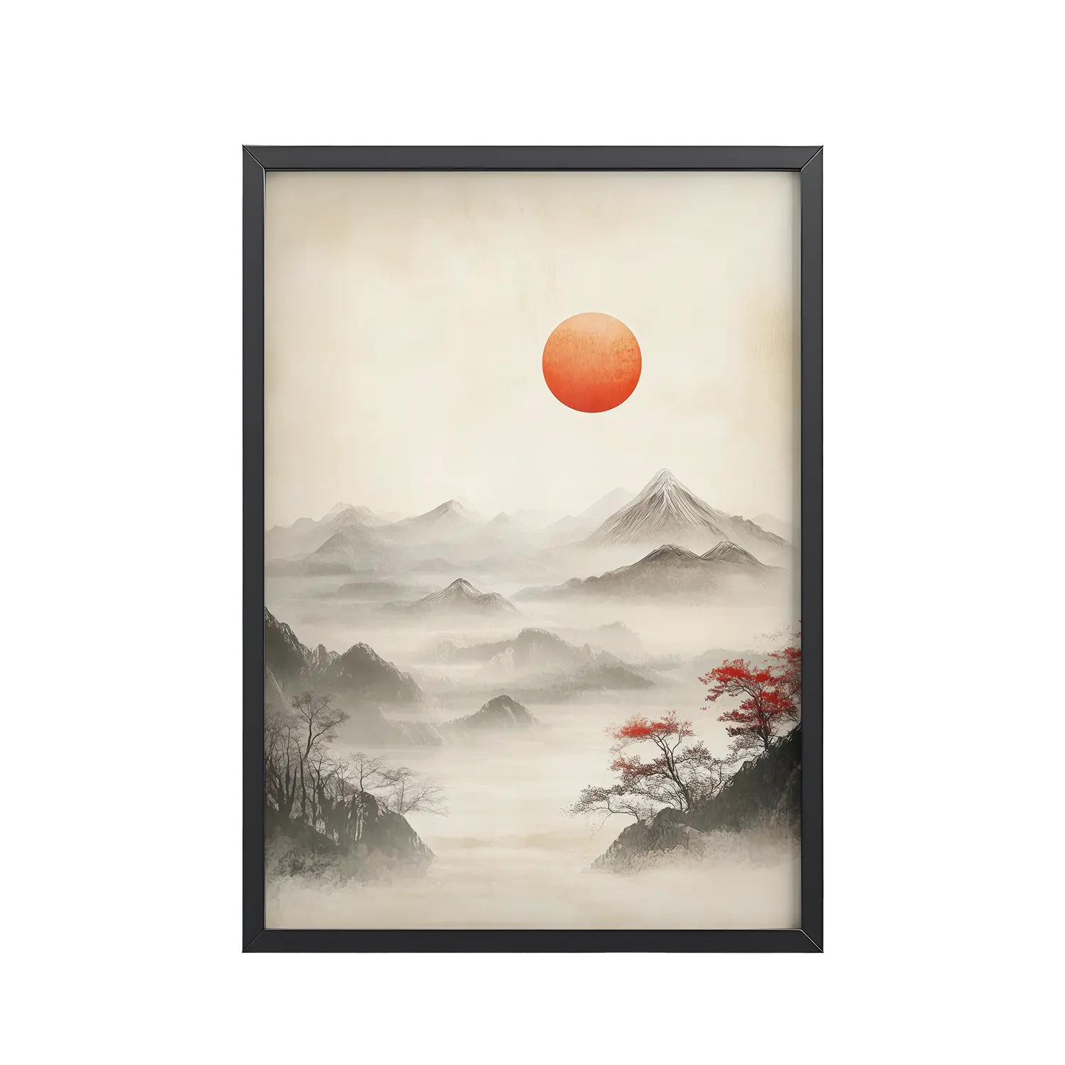 Red Sun Over Silent Peaks — Misty Ink Mountain Landscape Wall Art — Framed Poster