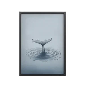 Ripple Beneath – Whale Tail Surfacing Minimal Ocean Wall Art in Cool Blues — Framed Poster