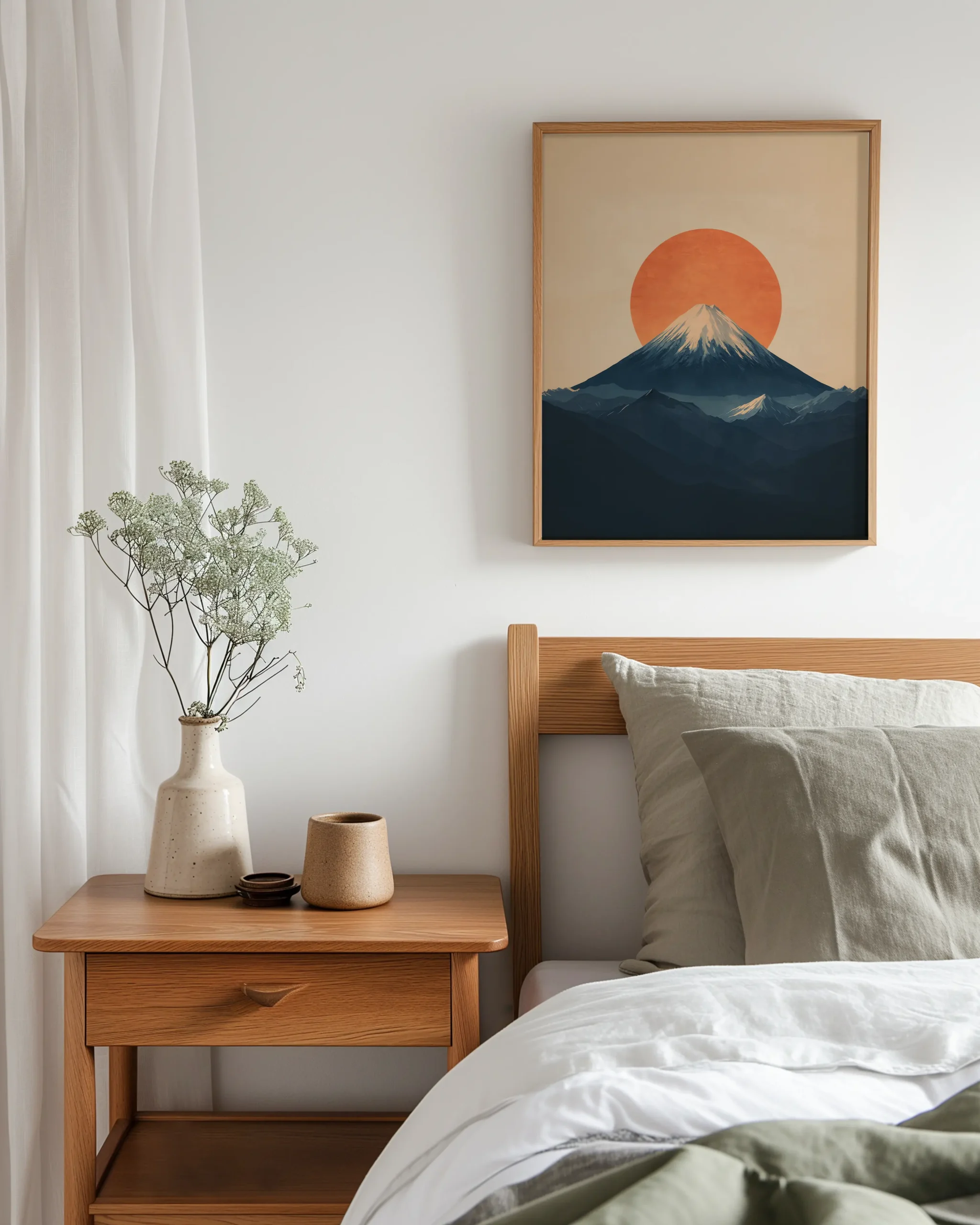 Minimal Mount Fuji silhouette wall art with rising orange sun in a light wood frame styled above a Japandi bedroom nightstand