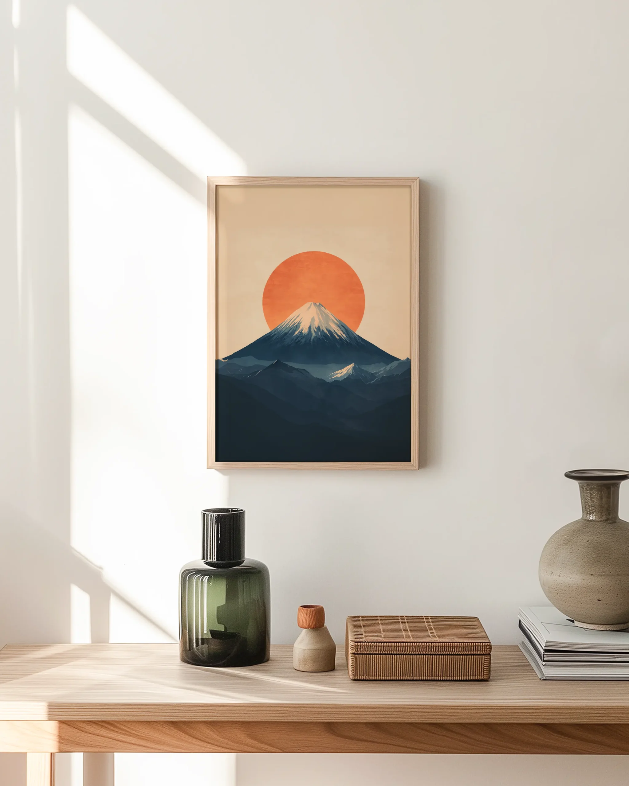 Minimal Mount Fuji wall art framed poster with rising orange sun above navy mountain silhouette in bright Japandi hallway