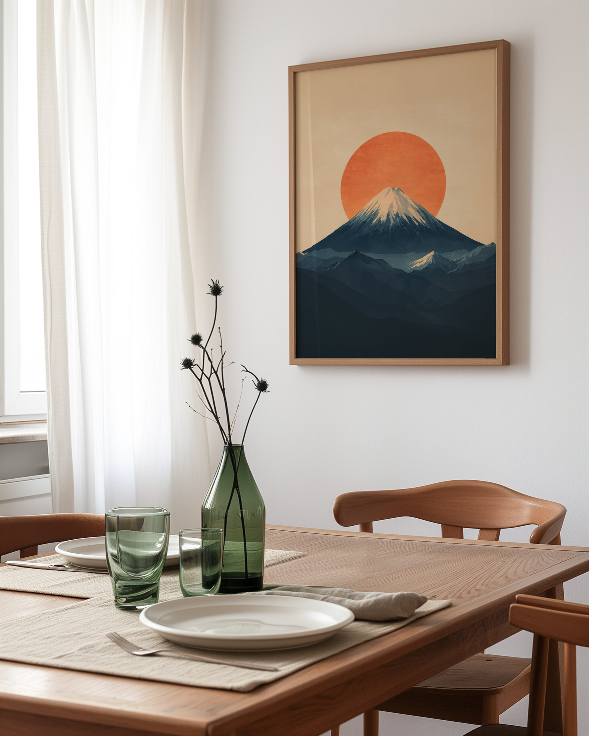 Minimal Mount Fuji wall art with orange rising sun and navy mountain silhouette styled in a modern dining room with natural wood furniture