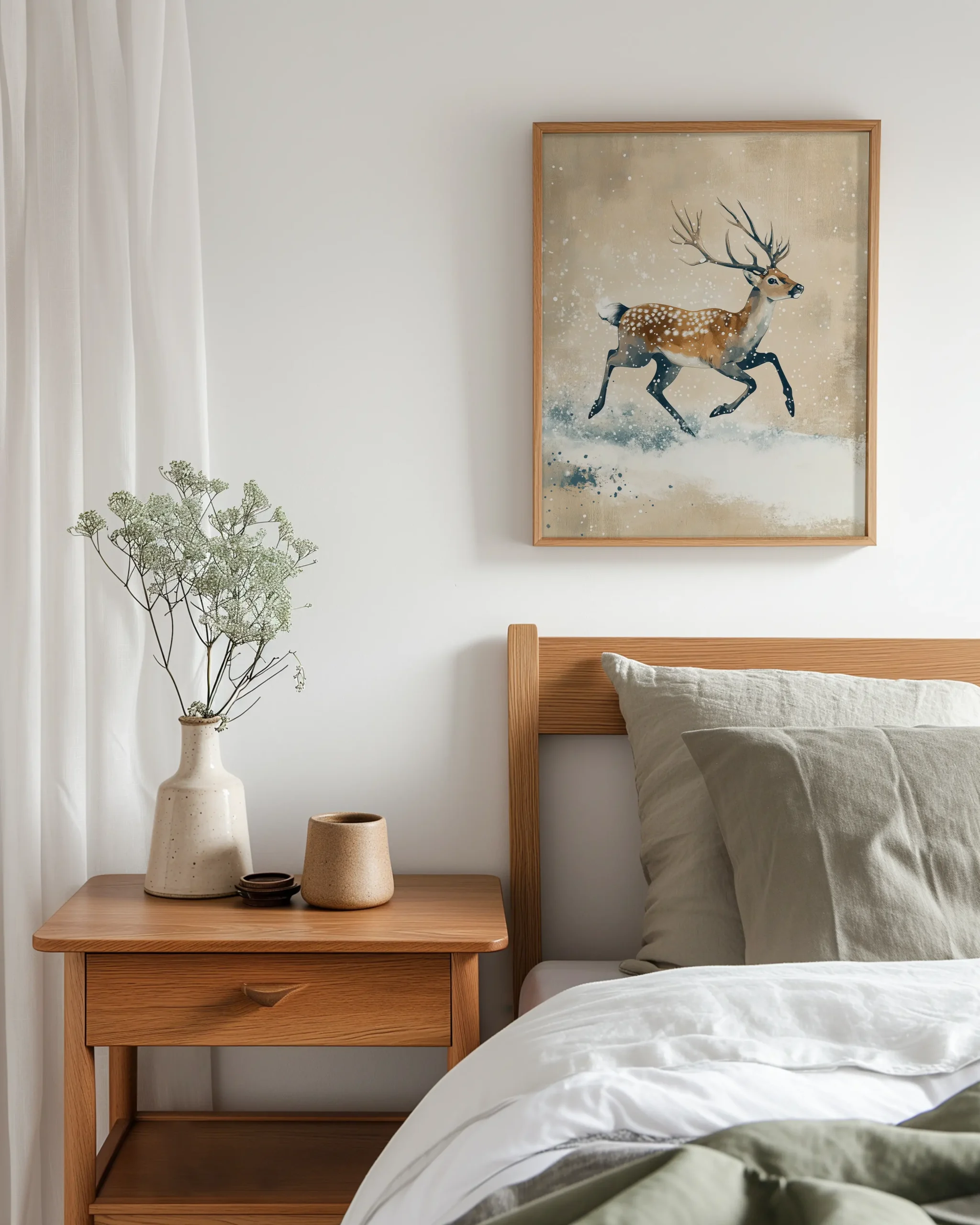 Running deer in winter snow framed poster above bed in calm neutral bedroom decor