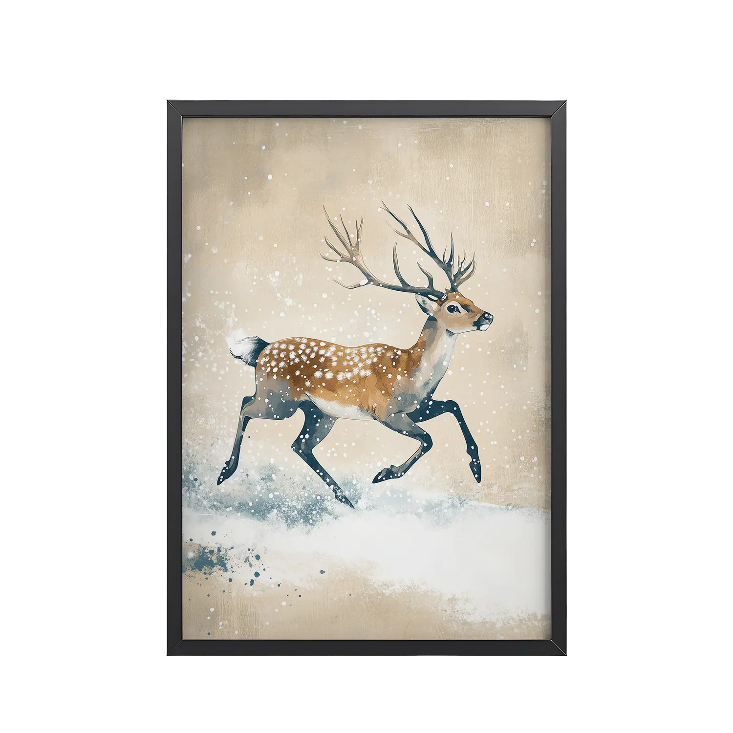 Running Deer in Winter Snow — Modern Wildlife Wall Art — Framed Poster