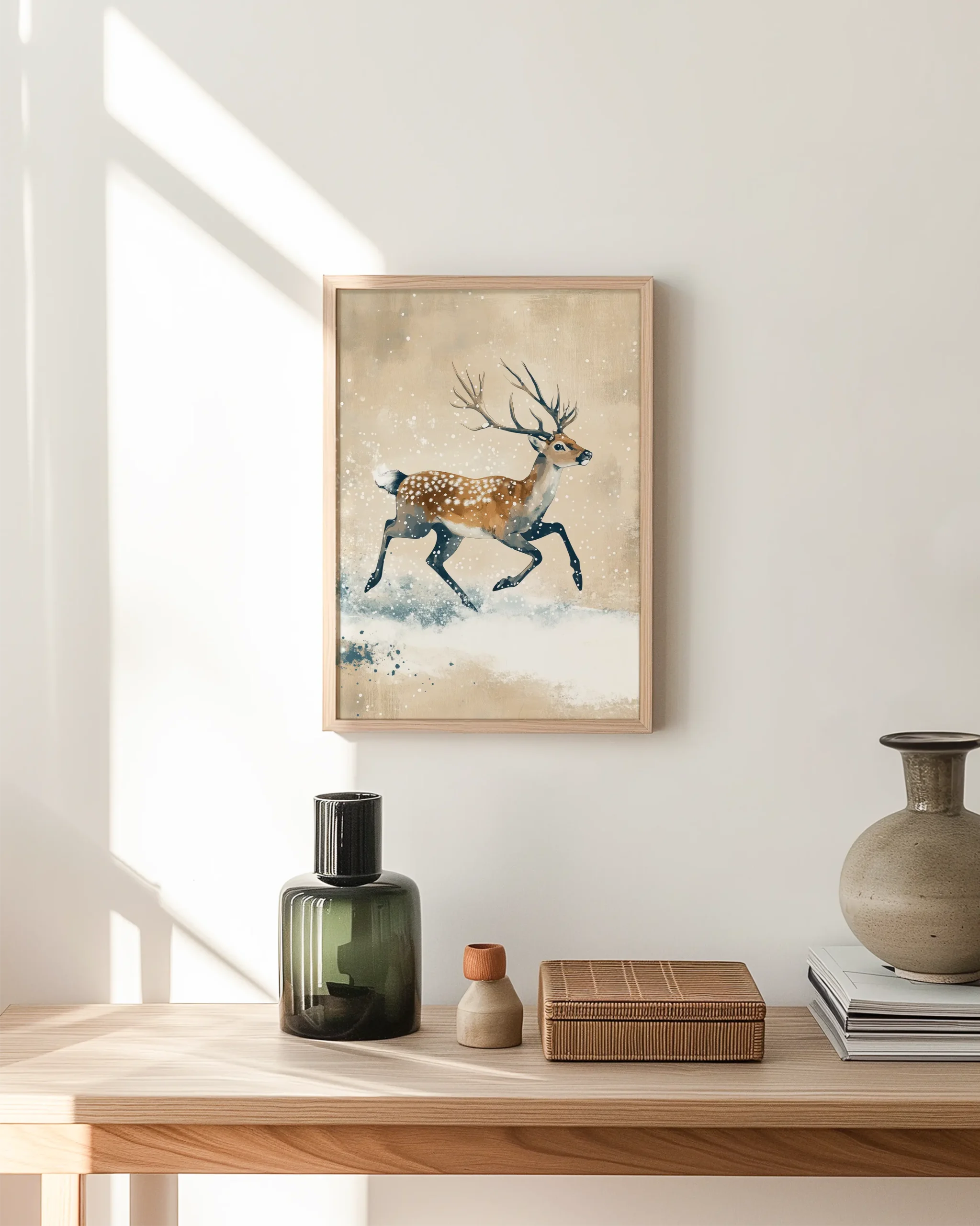 Modern wildlife wall art framed poster of a running deer in winter snow displayed in a bright minimalist hallway