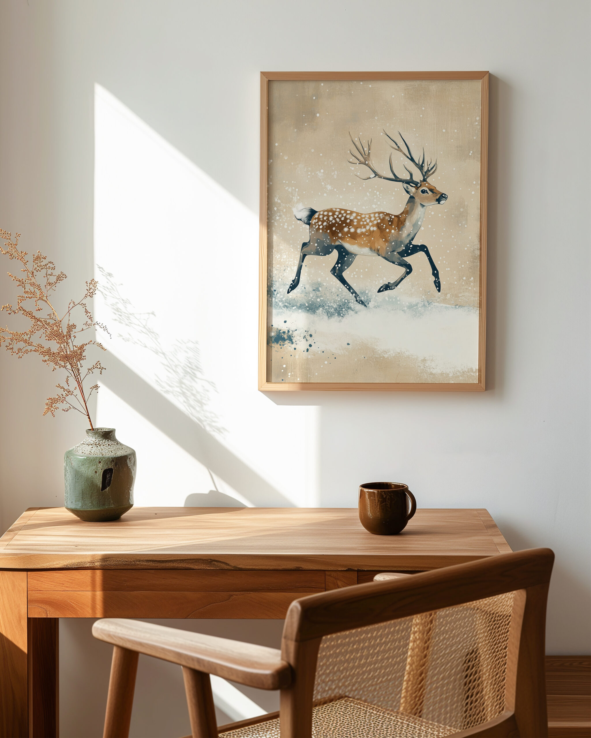 Running deer winter snow framed poster on wall above a desk in a minimalist home office setup