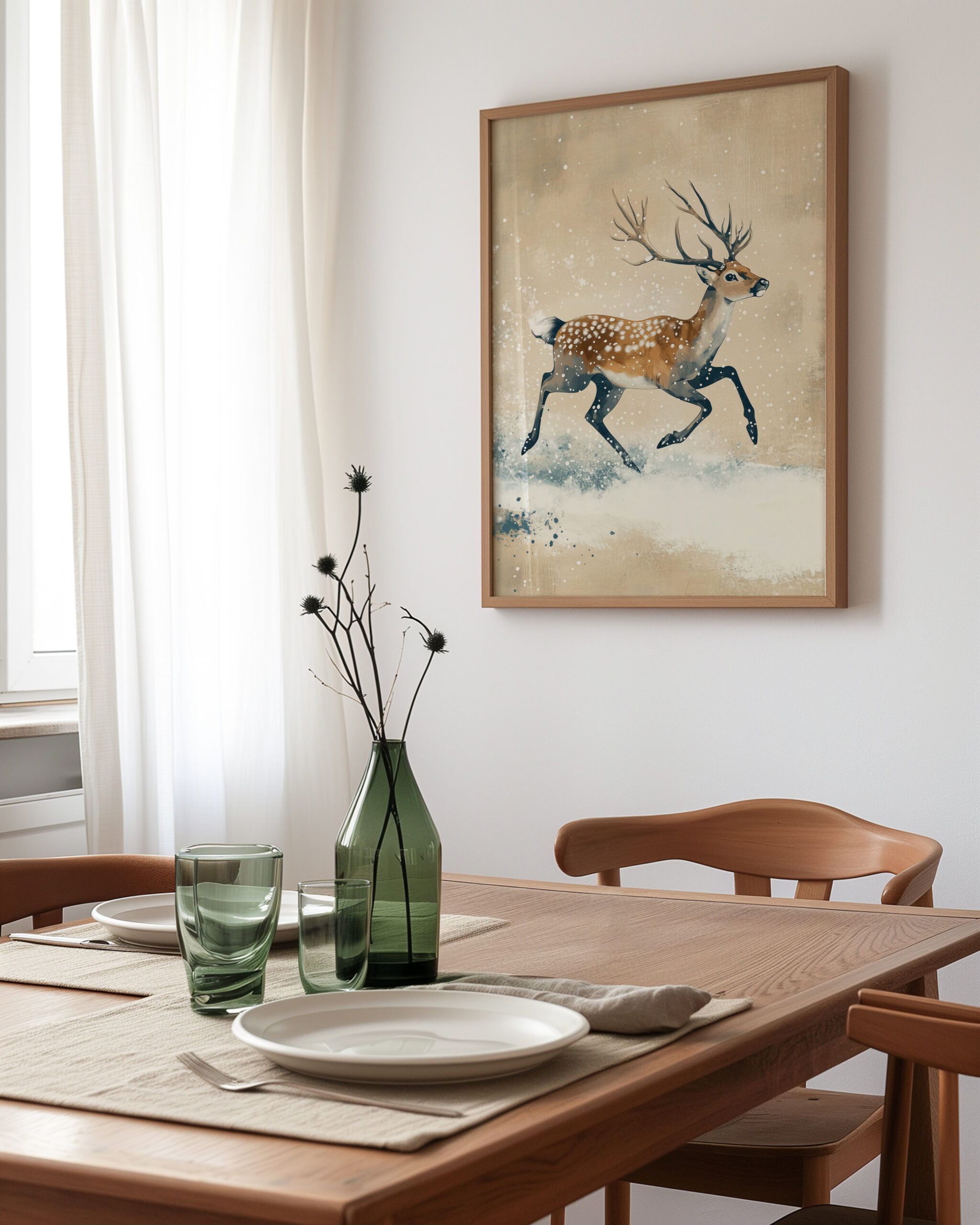 Running deer in winter snow framed poster styled in a modern dining room with warm wood furniture