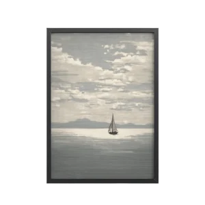 Sailboat Journey — Minimal Seascape, Neutral Japandi Wall Art — Framed Poster