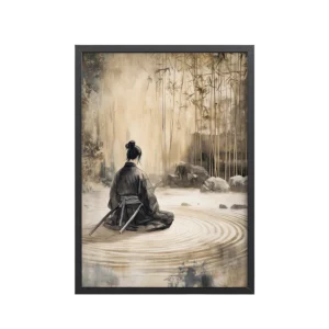 Samurai Meditation – Zen Garden Ripples and Bamboo Hush Wall Art – Framed Poster