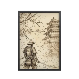 Samurai Under Cherry Blossoms – Castle Breeze and Falling Petals Wall Art – Framed Poster