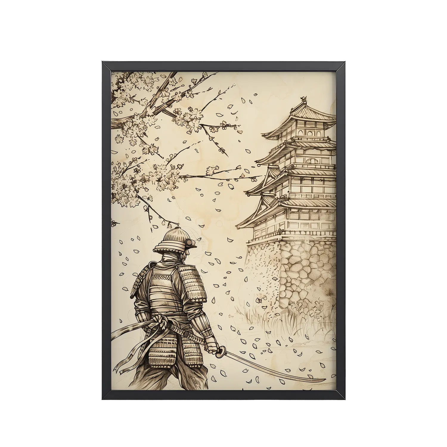 Samurai Under Cherry Blossoms – Castle Breeze and Falling Petals Wall Art – Framed Poster