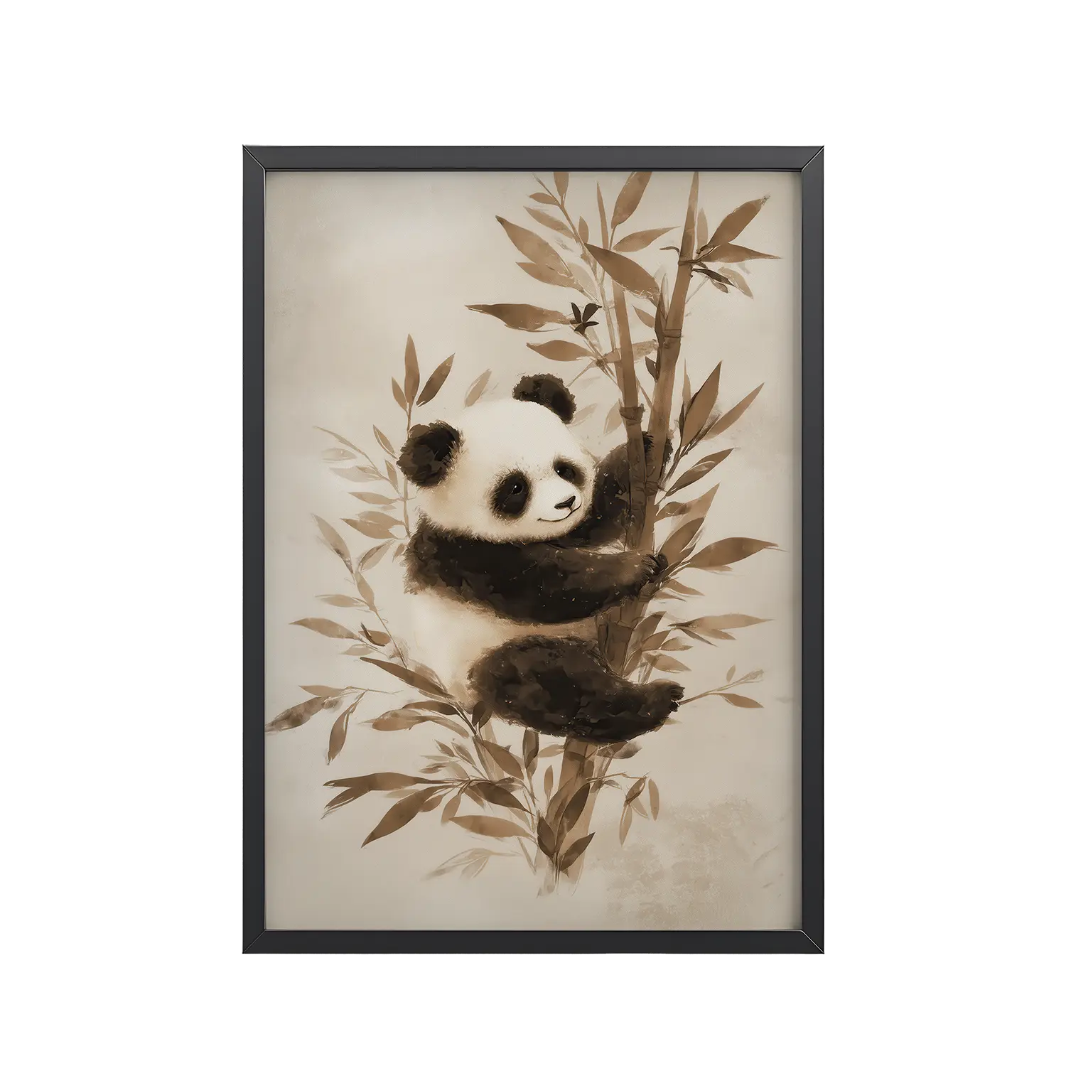 Sepia Panda Serenity — Soft Watercolor Black/White Panda Wall Art — Framed Poster