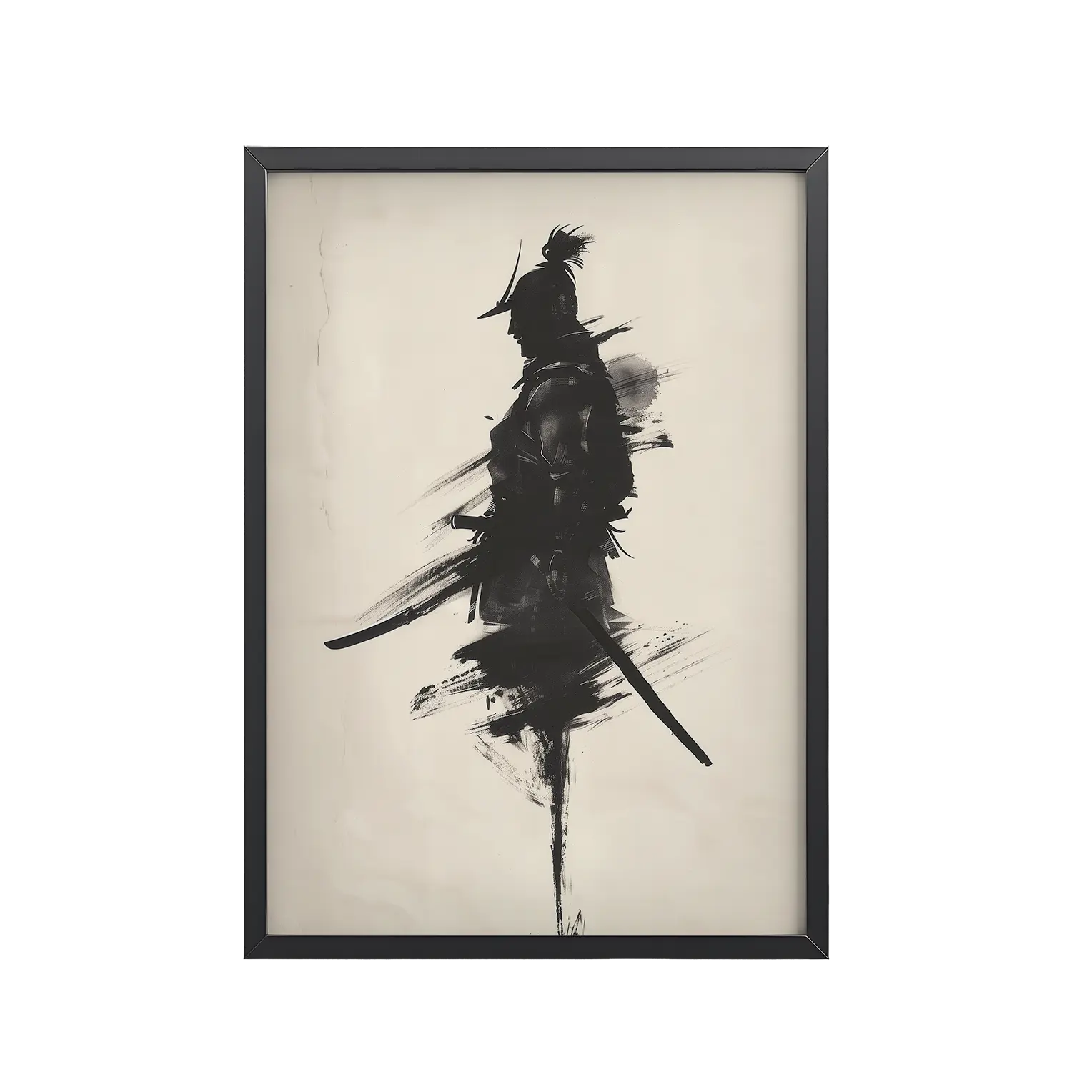 Shadowed Warrior – Sumi-e Silhouette of a Lone Samurai Wall Decor – Framed Poster