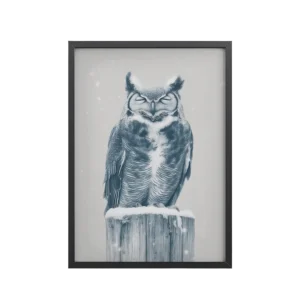 Silent Sentinel – Snow Owl Winter Wildlife Art in Neutrals Wall Decor — Framed Poster