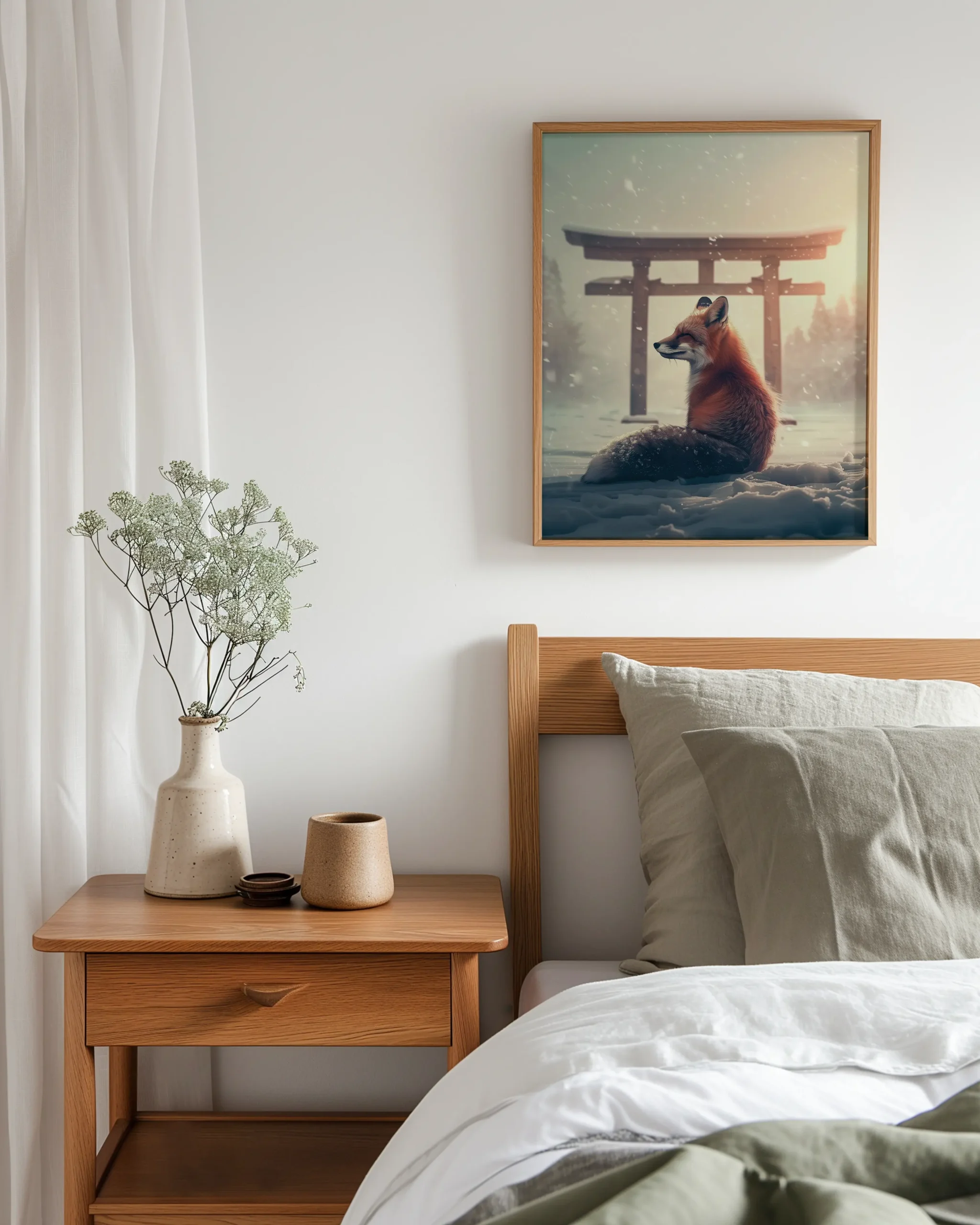 Snow Fox Watch Torii Gate framed poster above bed in minimalist Japandi bedroom