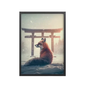 Snow Fox Watch Torii Gate — Cinematic Fox at Sunrise Wall Decor — Framed Poster