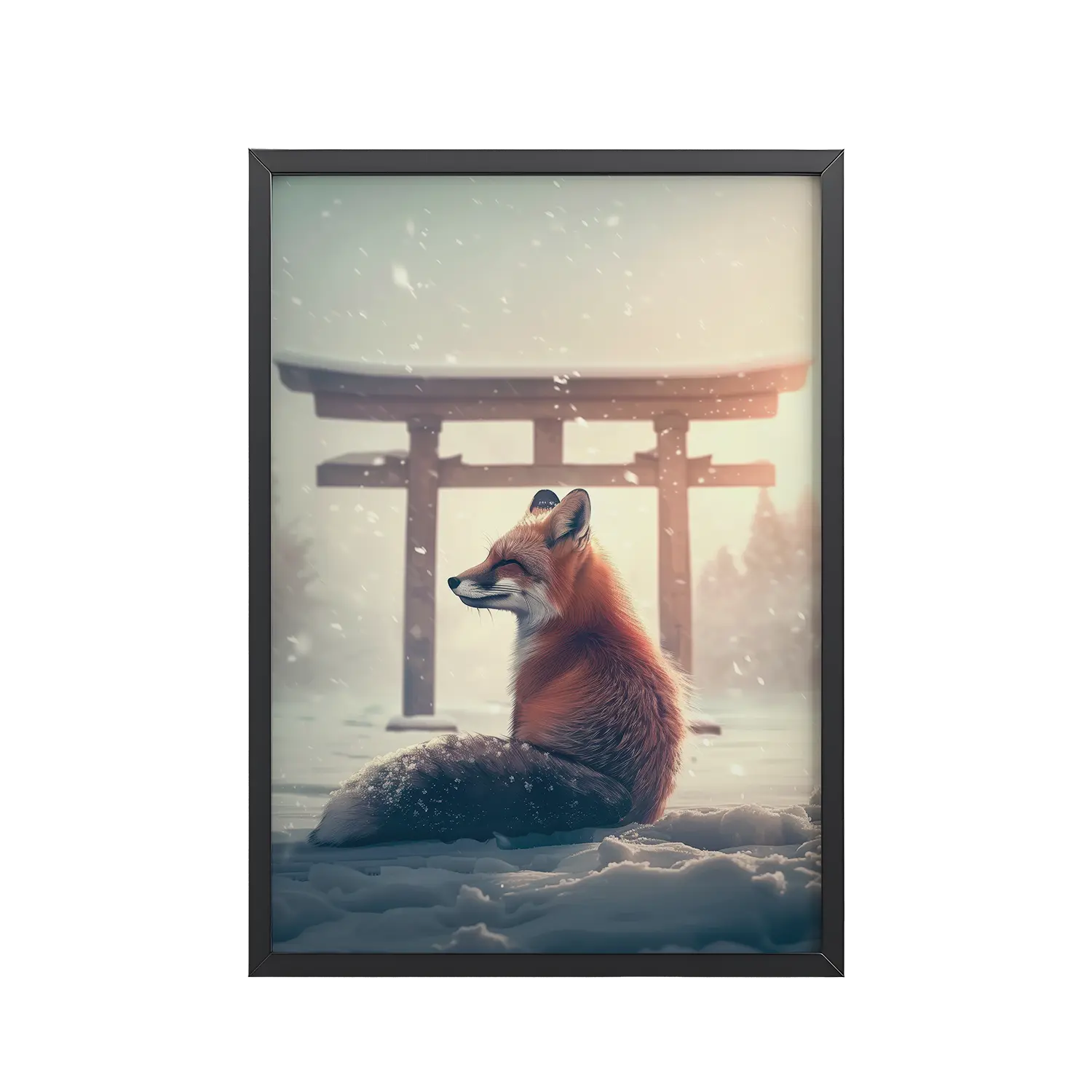 Snow Fox Watch Torii Gate — Cinematic Fox at Sunrise Wall Decor — Framed Poster