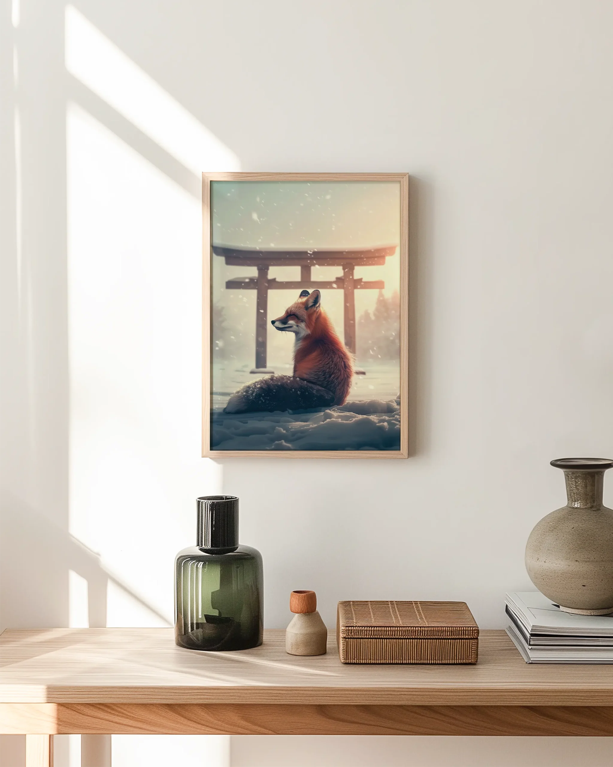 Snow Fox Watch Torii Gate framed poster styled on hallway wall with warm neutral decor