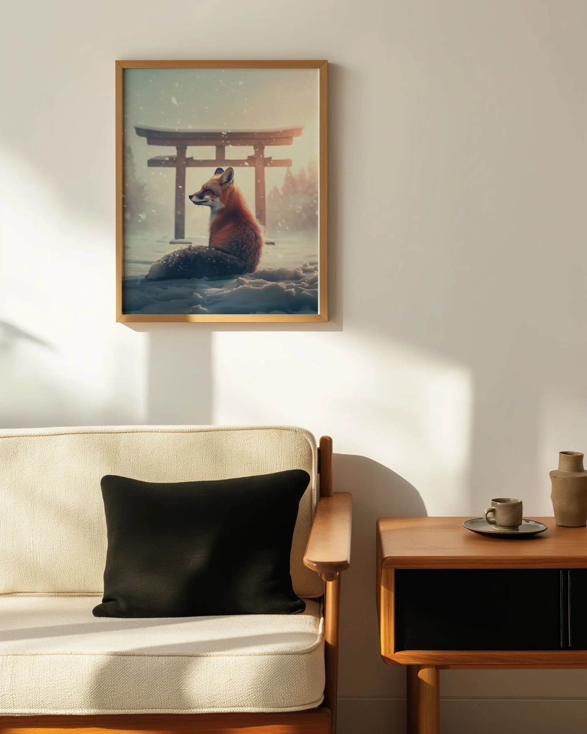 Snow Fox Watch Torii Gate framed poster displayed above sofa in Japandi living room decor