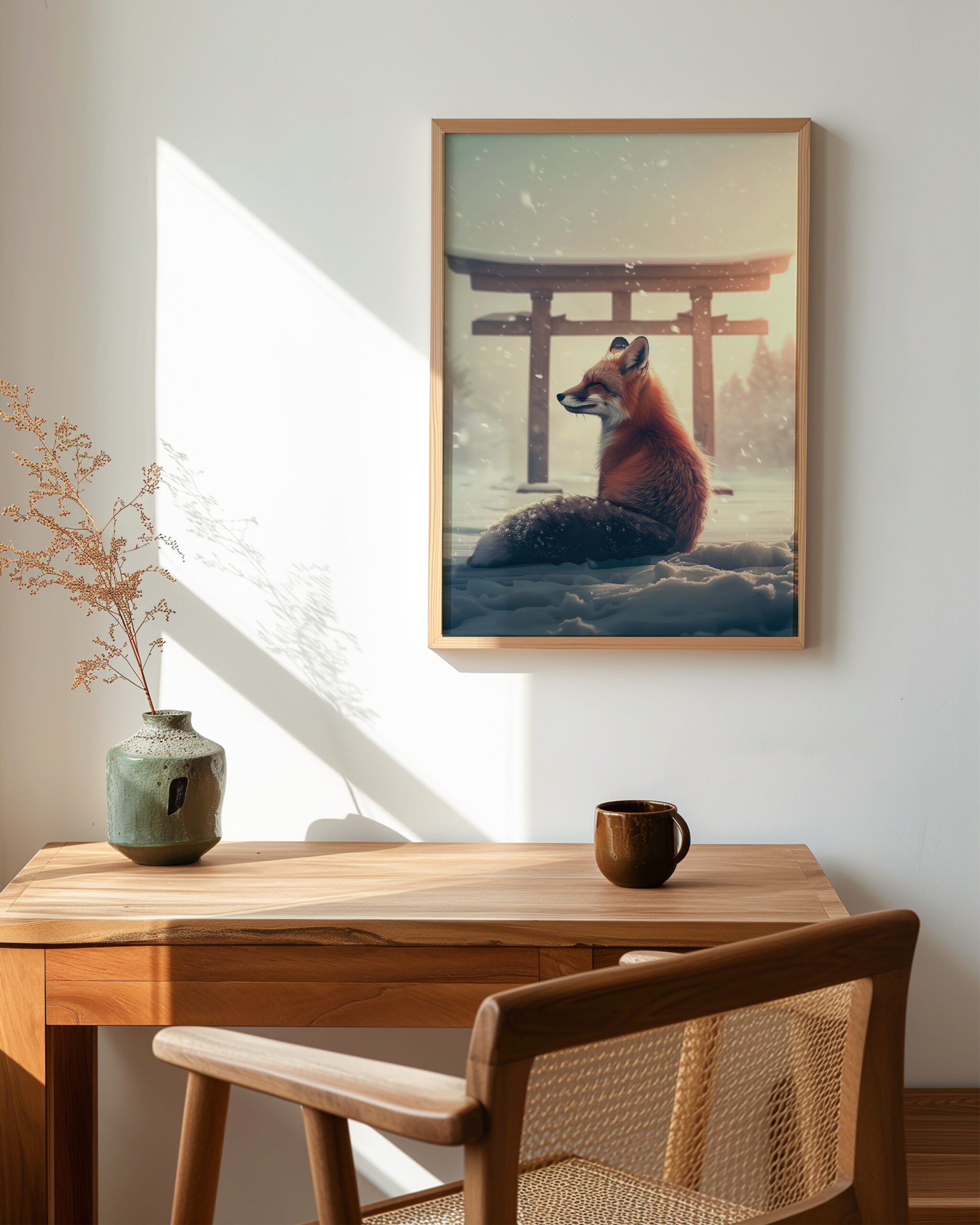 Snow Fox Watch Torii Gate framed poster displayed above desk in warm minimalist workspace