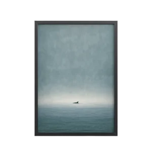 Solitary Horizon – Ocean Whale Minimal Wall Art in Misty Blues — Framed Poster