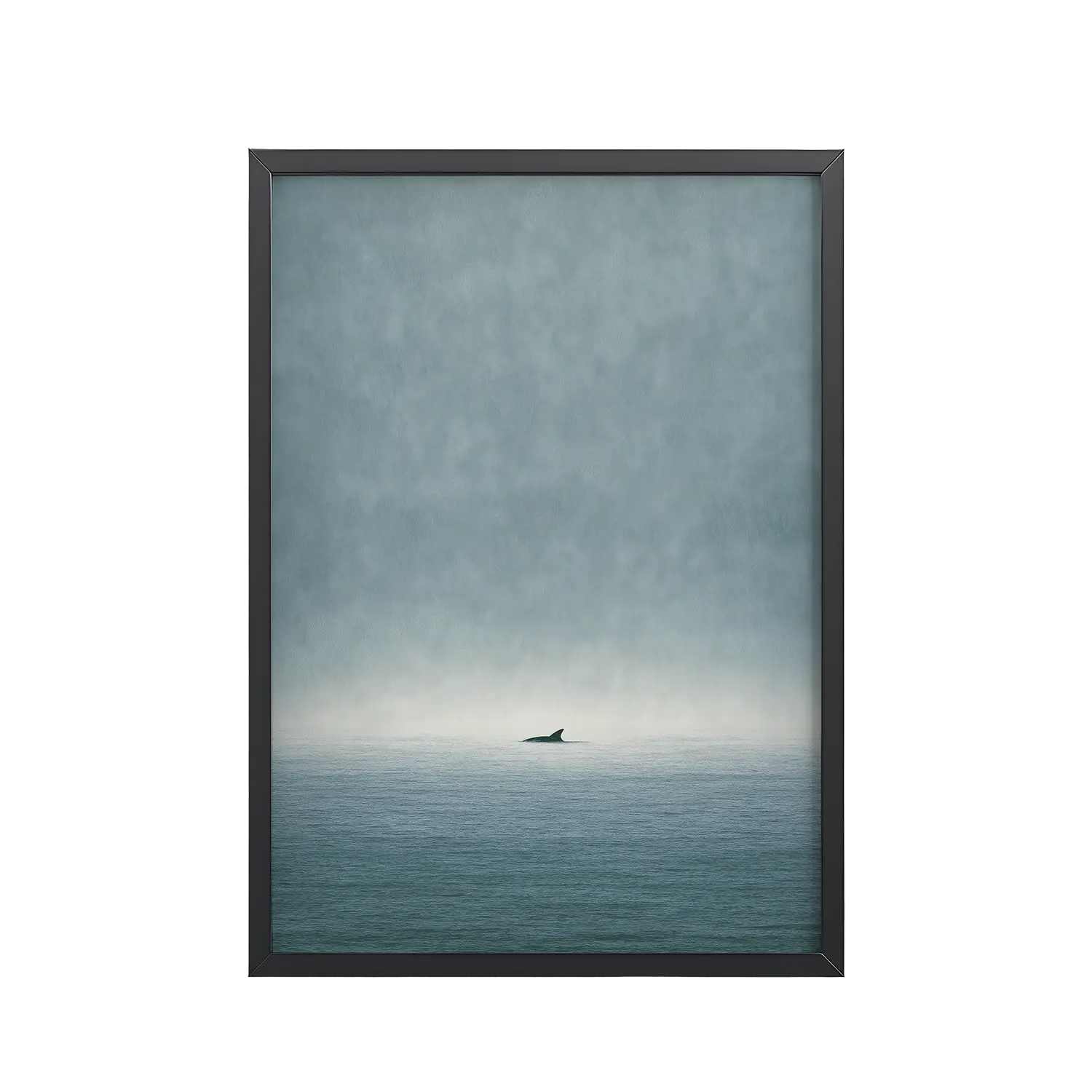 Solitary Horizon – Ocean Whale Minimal Wall Art in Misty Blues — Framed Poster
