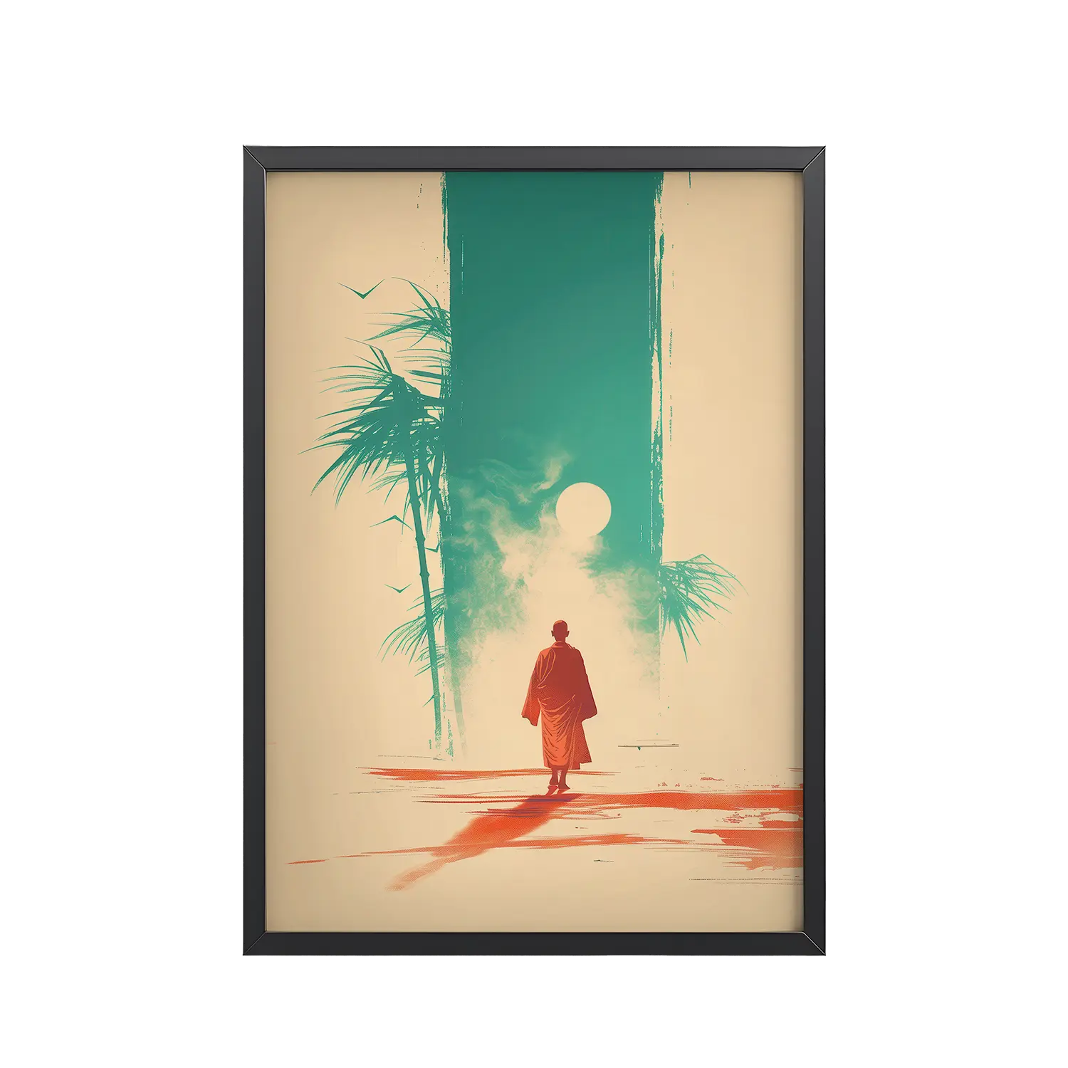 Solitary Monk – Bamboo Journey Japandi Zen Wall Art – Framed Poster