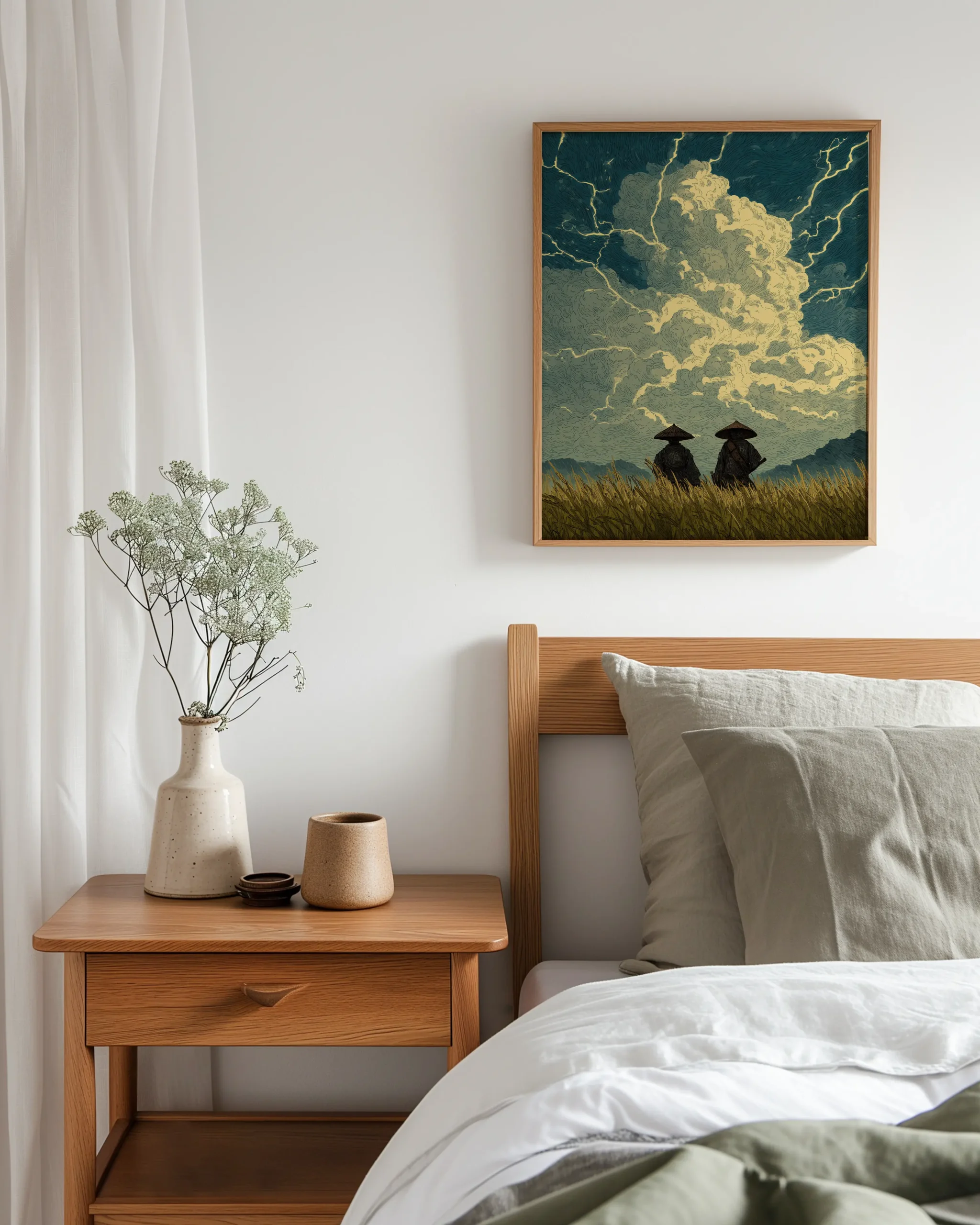 Ukiyo e landscape wall decor framed above a wooden bed, showing two samurai in grass under a dramatic lightning storm sky
