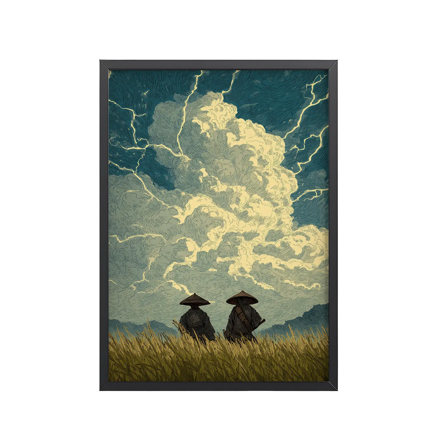 Before the Storm – Ukiyo-e Samurai Watchers Landscape Wall Art – Framed Poster