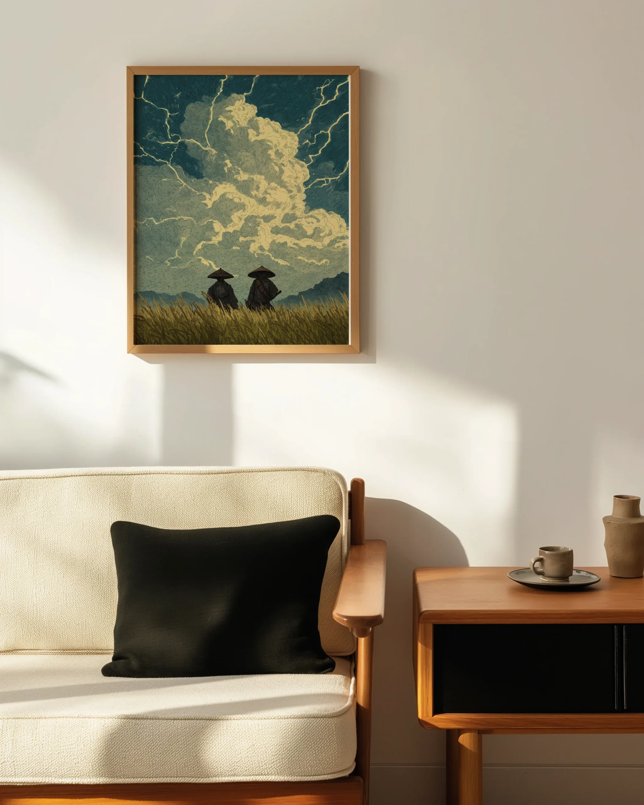 Japanese storm cloud print framed above a neutral sofa, featuring two samurai watchers beneath towering lightning filled clouds