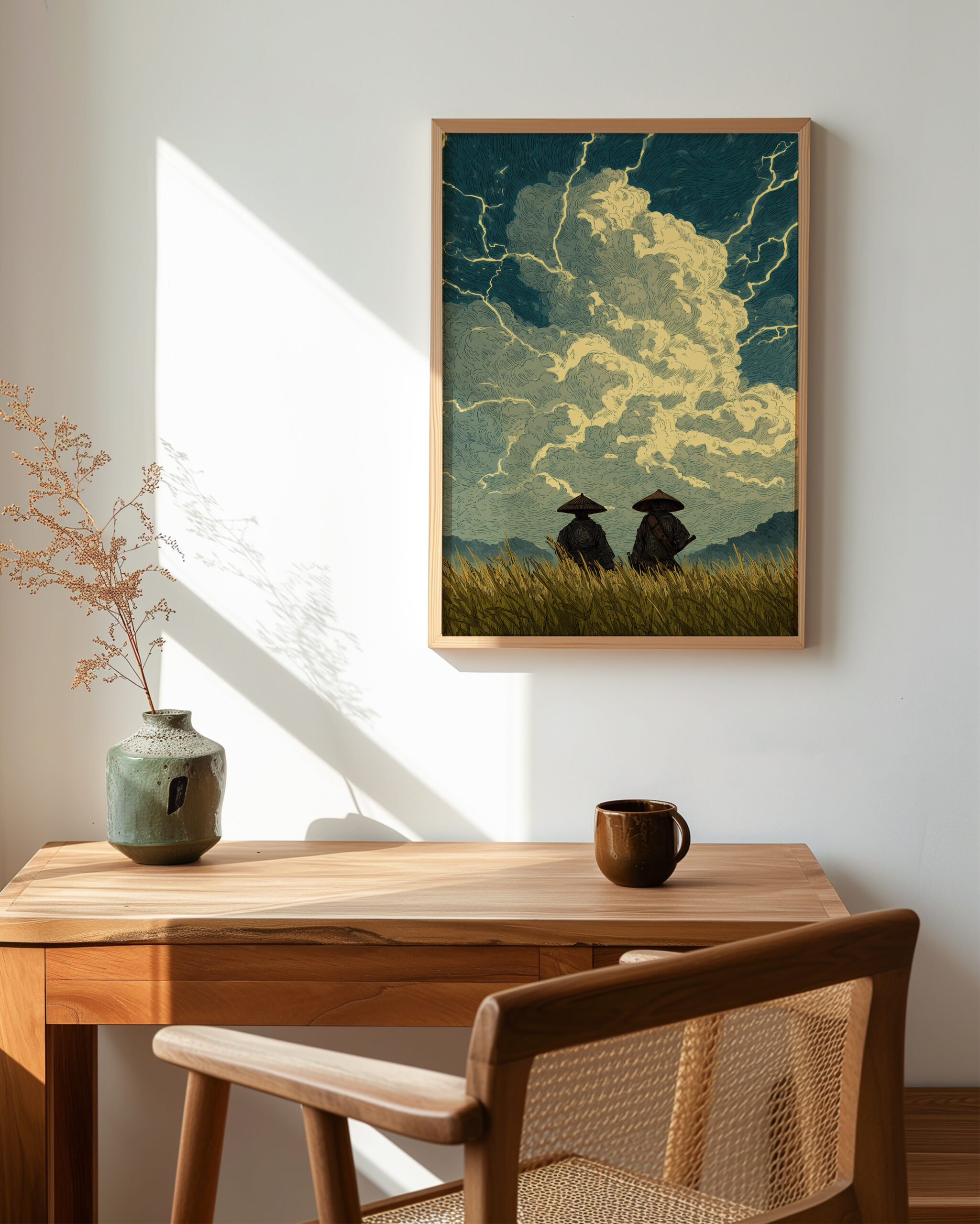 Samurai landscape poster framed on a bright wall above a wooden desk, showing two samurai facing a lightning storm sky